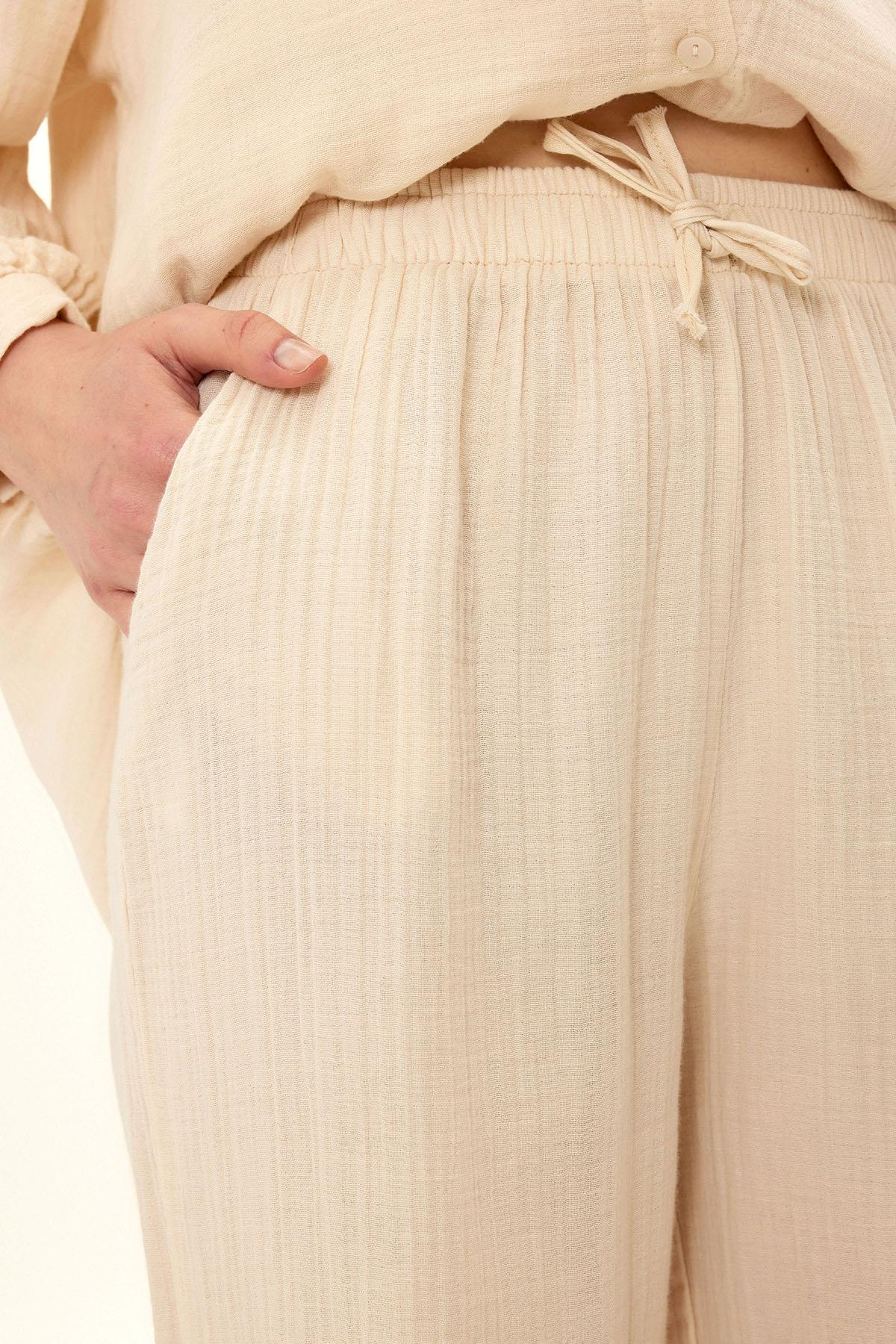 Beli Lastikli Müslin Pantolon BEJ 7580