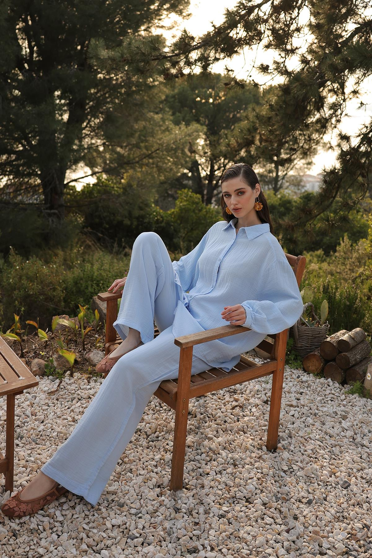 Beli Lastikli Müslin Pantolon MAVİ 7580