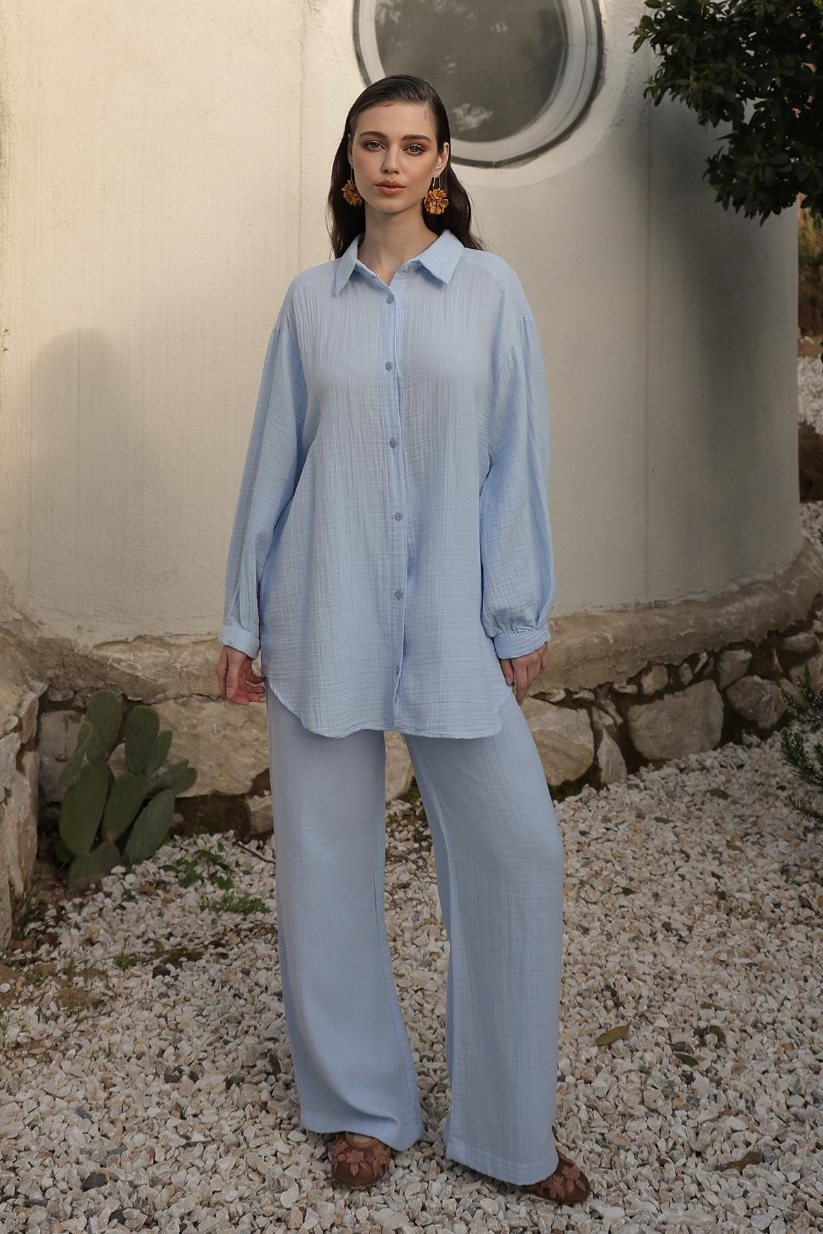 Beli Lastikli Müslin Pantolon MAVİ 7580