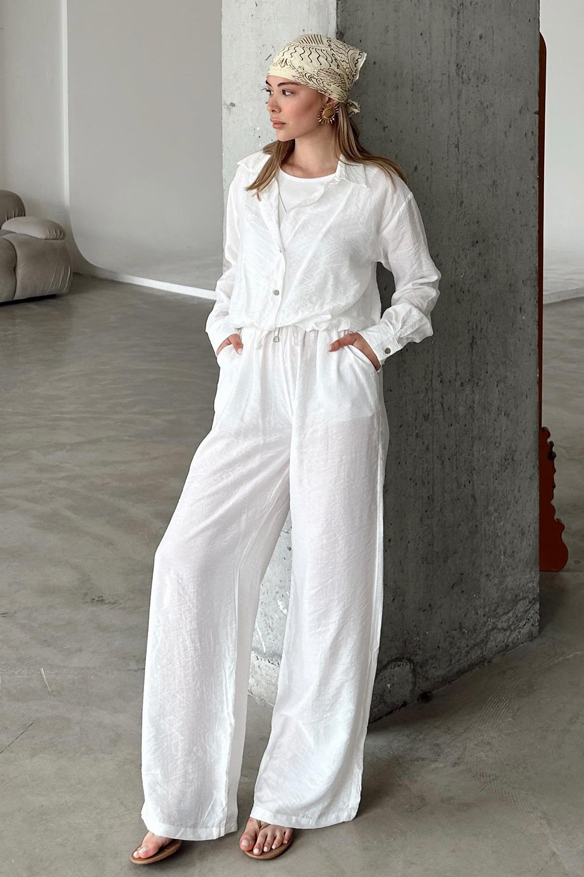 Beli Lastikli Rahat Kalıp Chrush Pantolon BEYAZ 7583