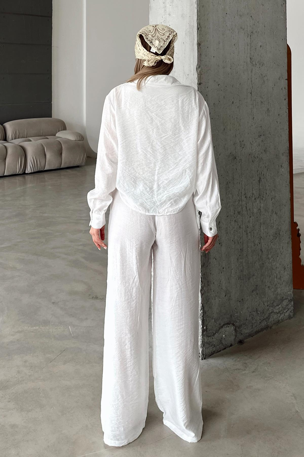 Beli Lastikli Rahat Kalıp Chrush Pantolon BEYAZ 7583