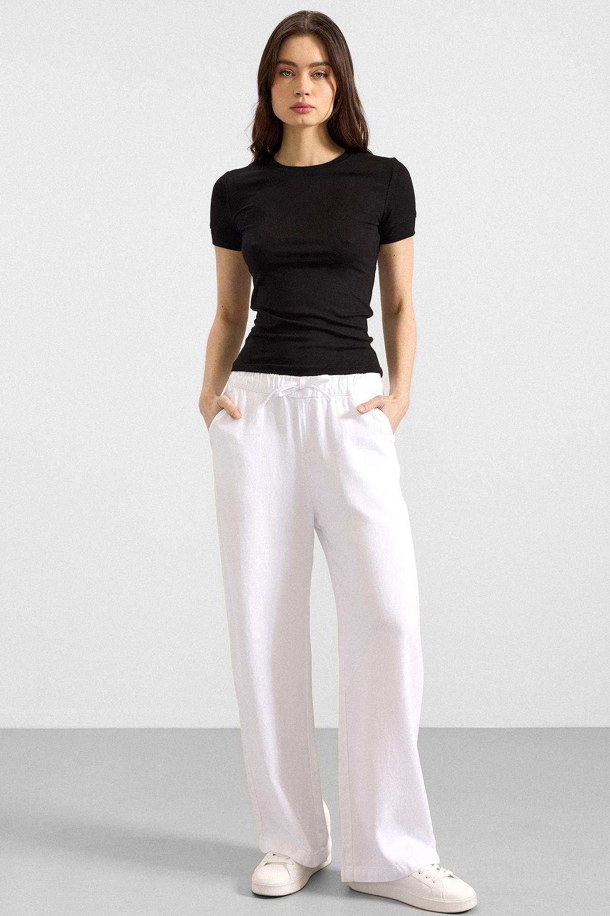 Beli Lastikli Rahat Kesim Soft Denim Pantolon BEYAZ 7587