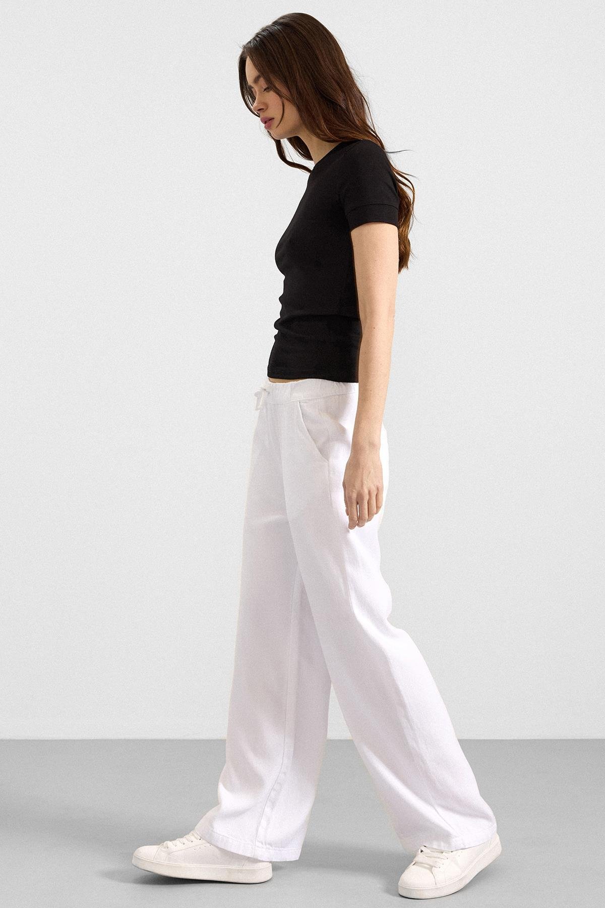 Beli Lastikli Rahat Kesim Soft Denim Pantolon BEYAZ 7587