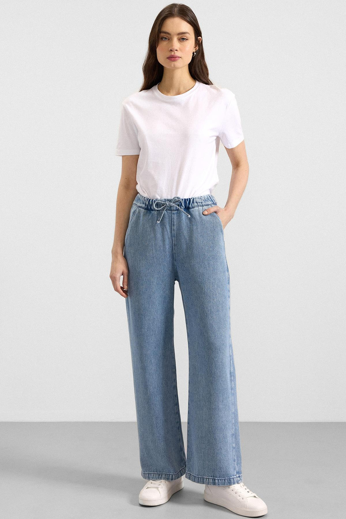 Beli Lastikli Rahat Kesim Soft Denim Pantolon AÇIK MAVİ 7587