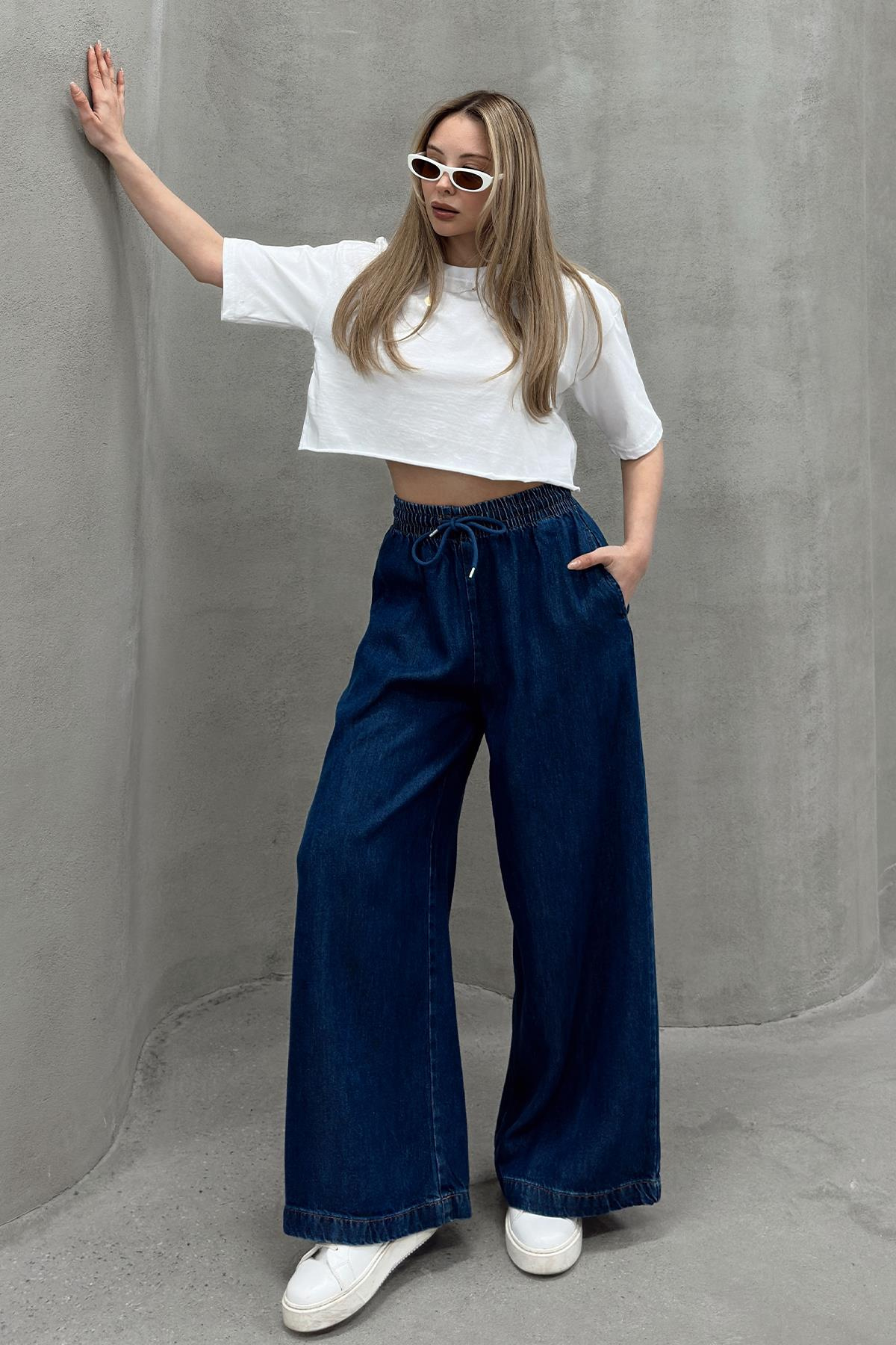 Beli Lastikli Salaş Yumuşak Kot Pantolon KOYU MAVİ 7576