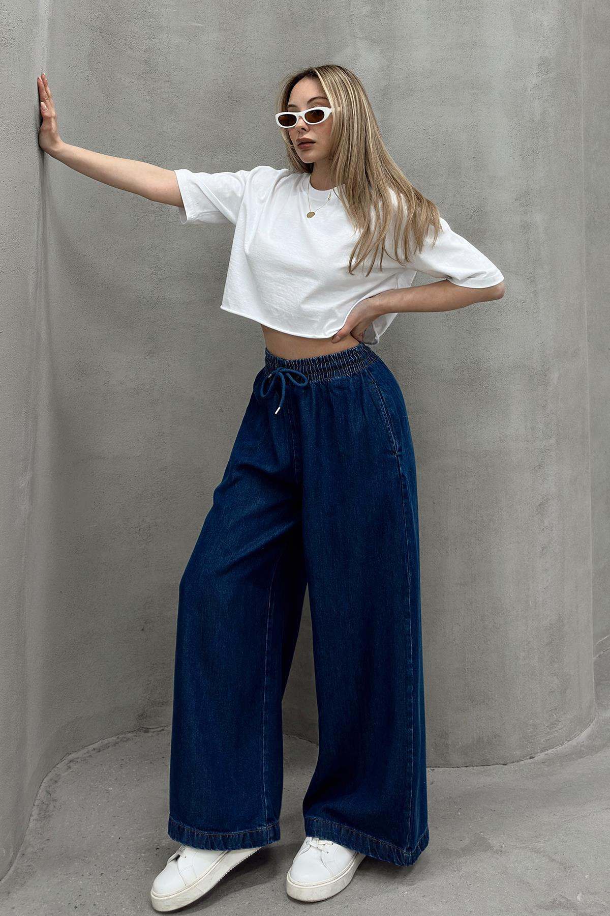 Beli Lastikli Salaş Yumuşak Kot Pantolon KOYU MAVİ 7576