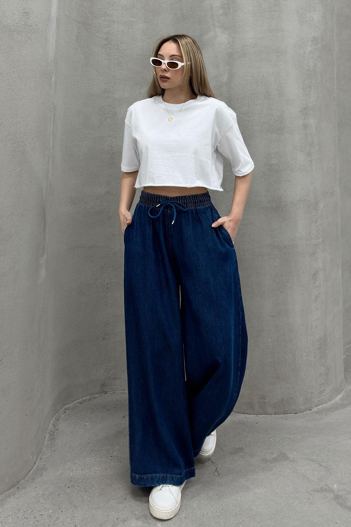 Beli Lastikli Salaş Yumuşak Kot Pantolon KOYU MAVİ 7576