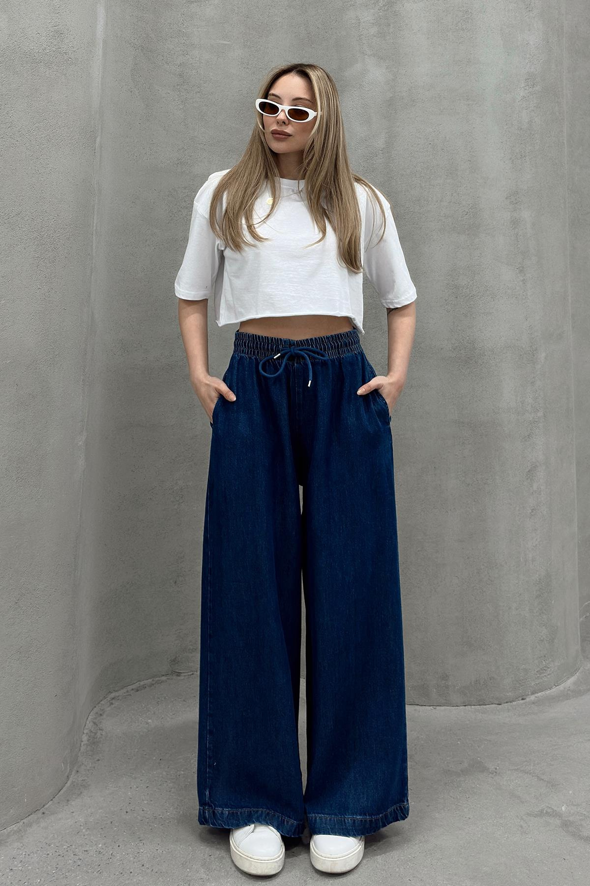 Beli Lastikli Salaş Yumuşak Kot Pantolon KOYU MAVİ 7576