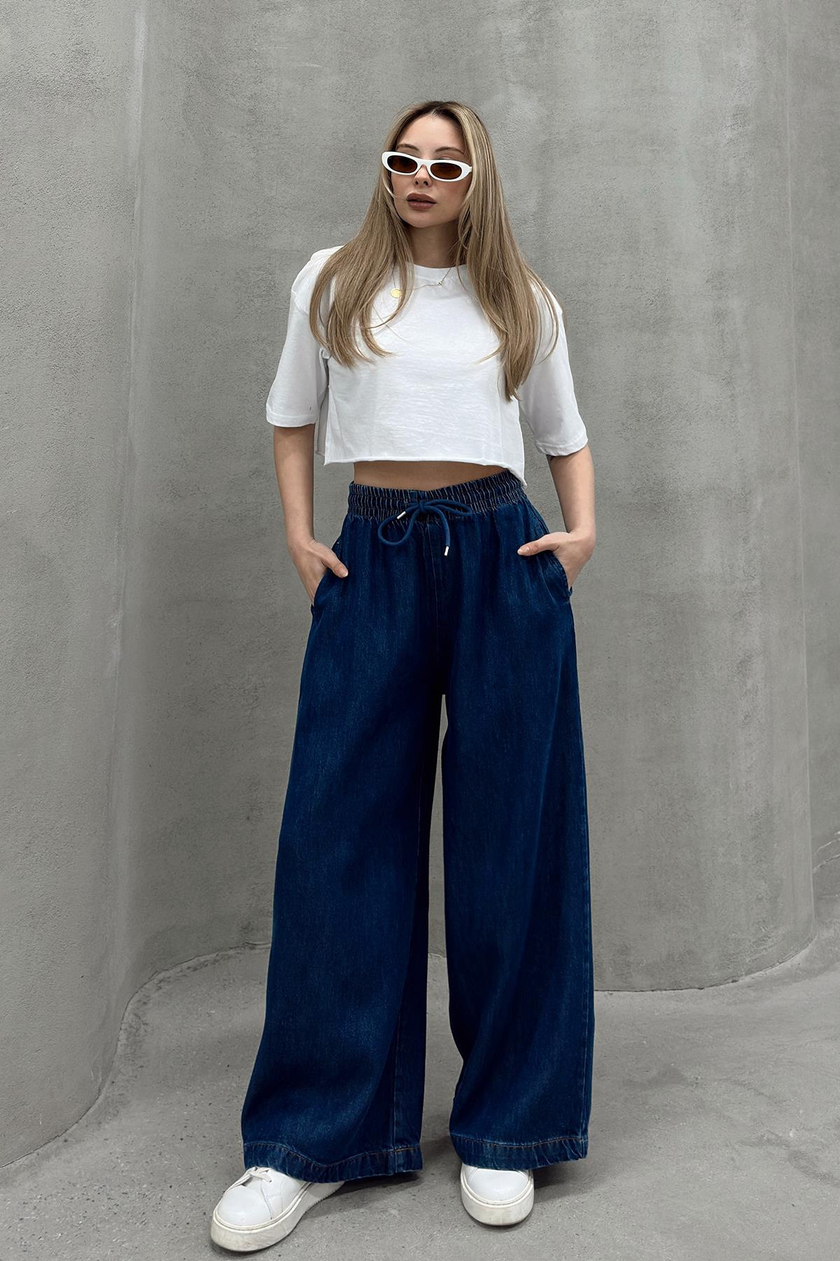 Beli Lastikli Salaş Yumuşak Kot Pantolon KOYU MAVİ 7576