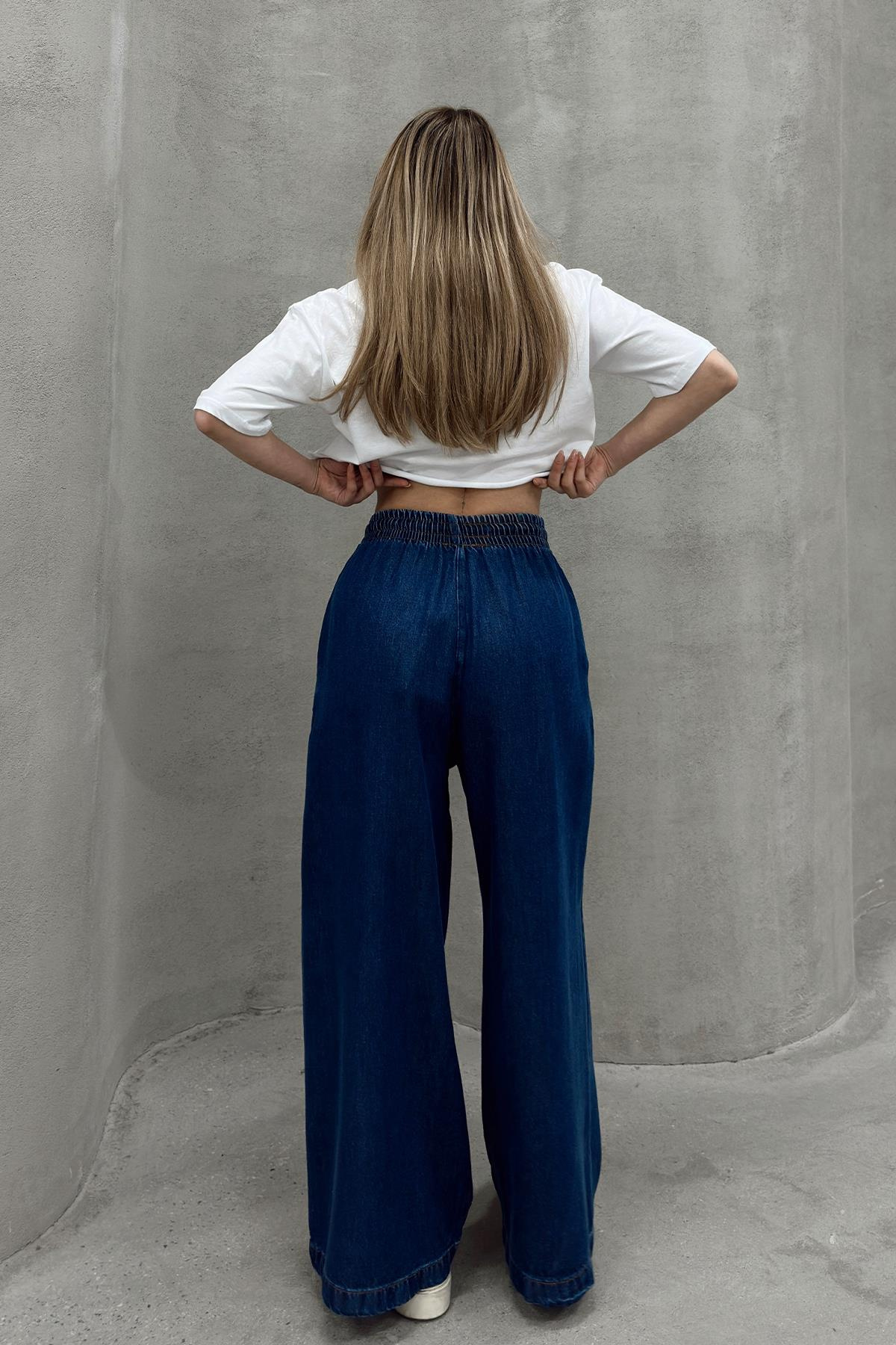 Beli Lastikli Salaş Yumuşak Kot Pantolon KOYU MAVİ 7576