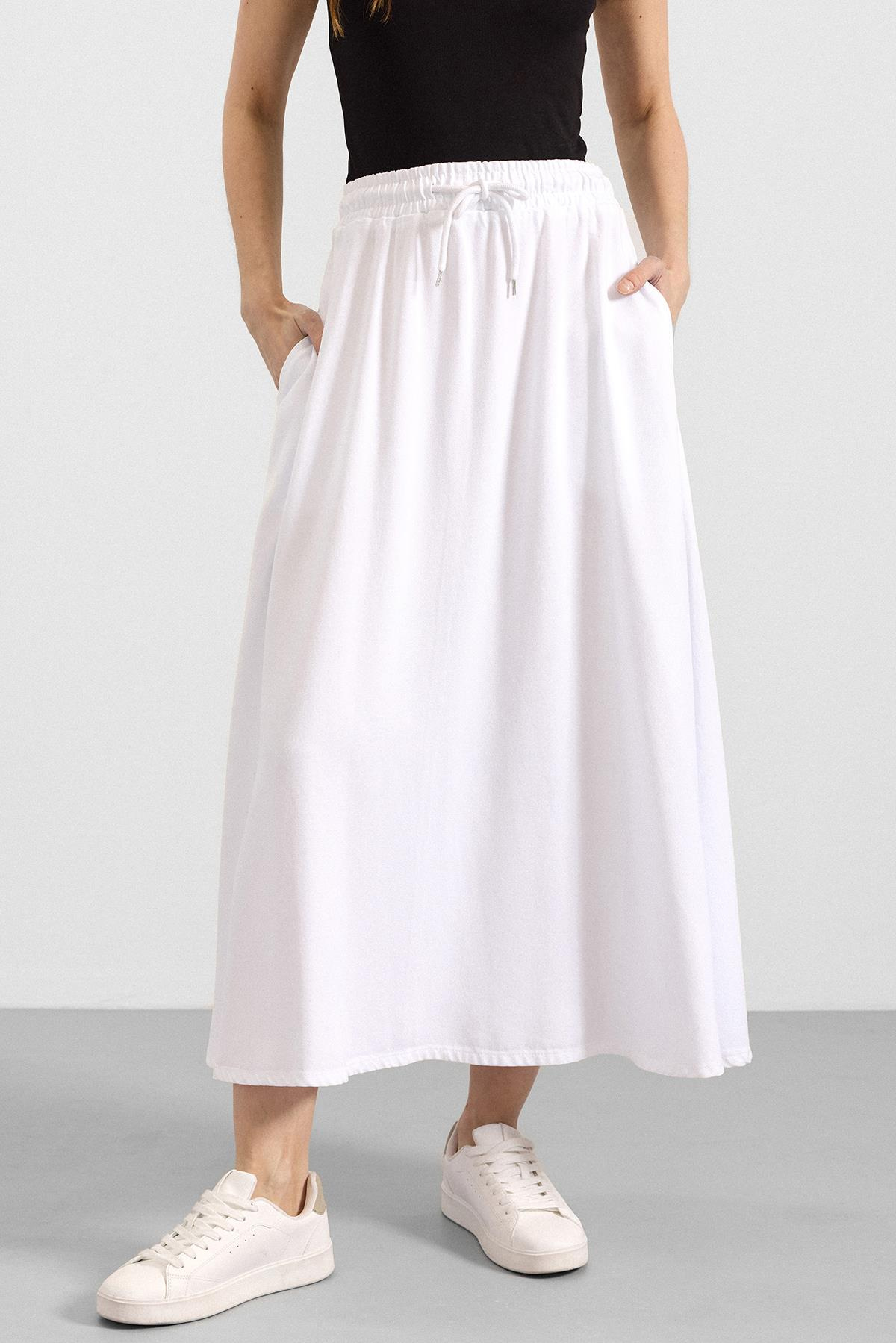 Beli Lastikli Soft Denim Etek BEYAZ 7068