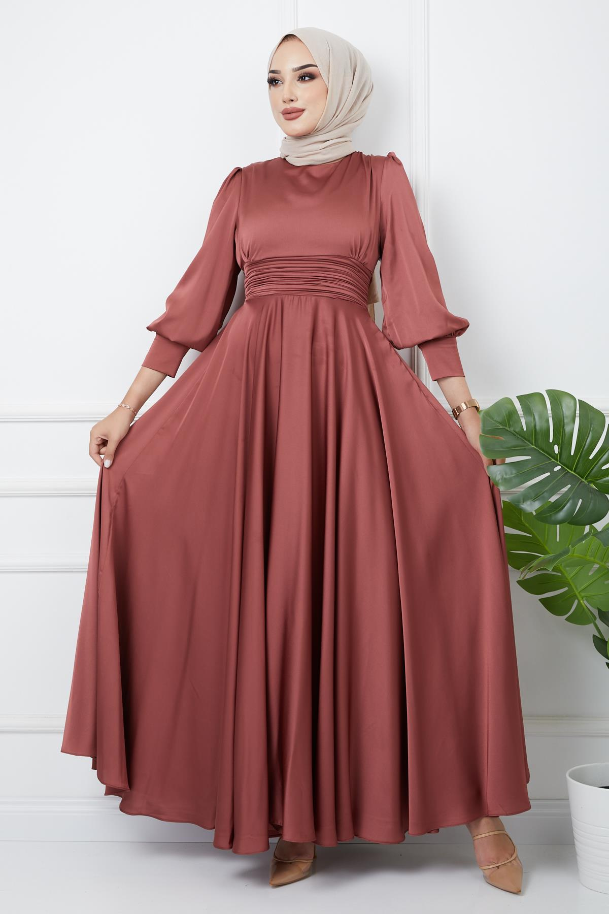 Pleated Waist Detailed Belted Evening Dress ROSE 1595