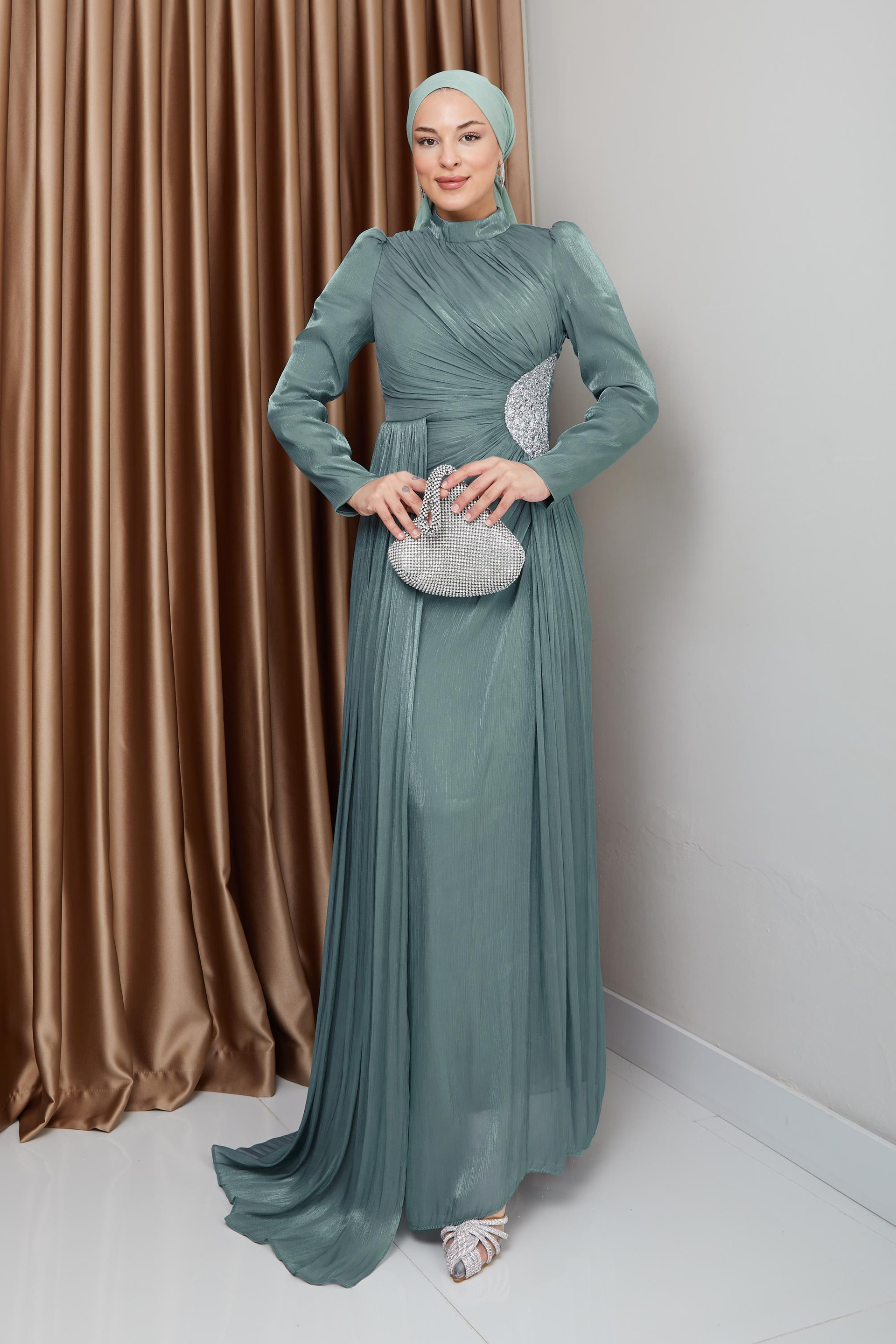 Yoryo Silk Hijab Evening Dress with Waist Stone and Gather Detail WATER GREEN 1233