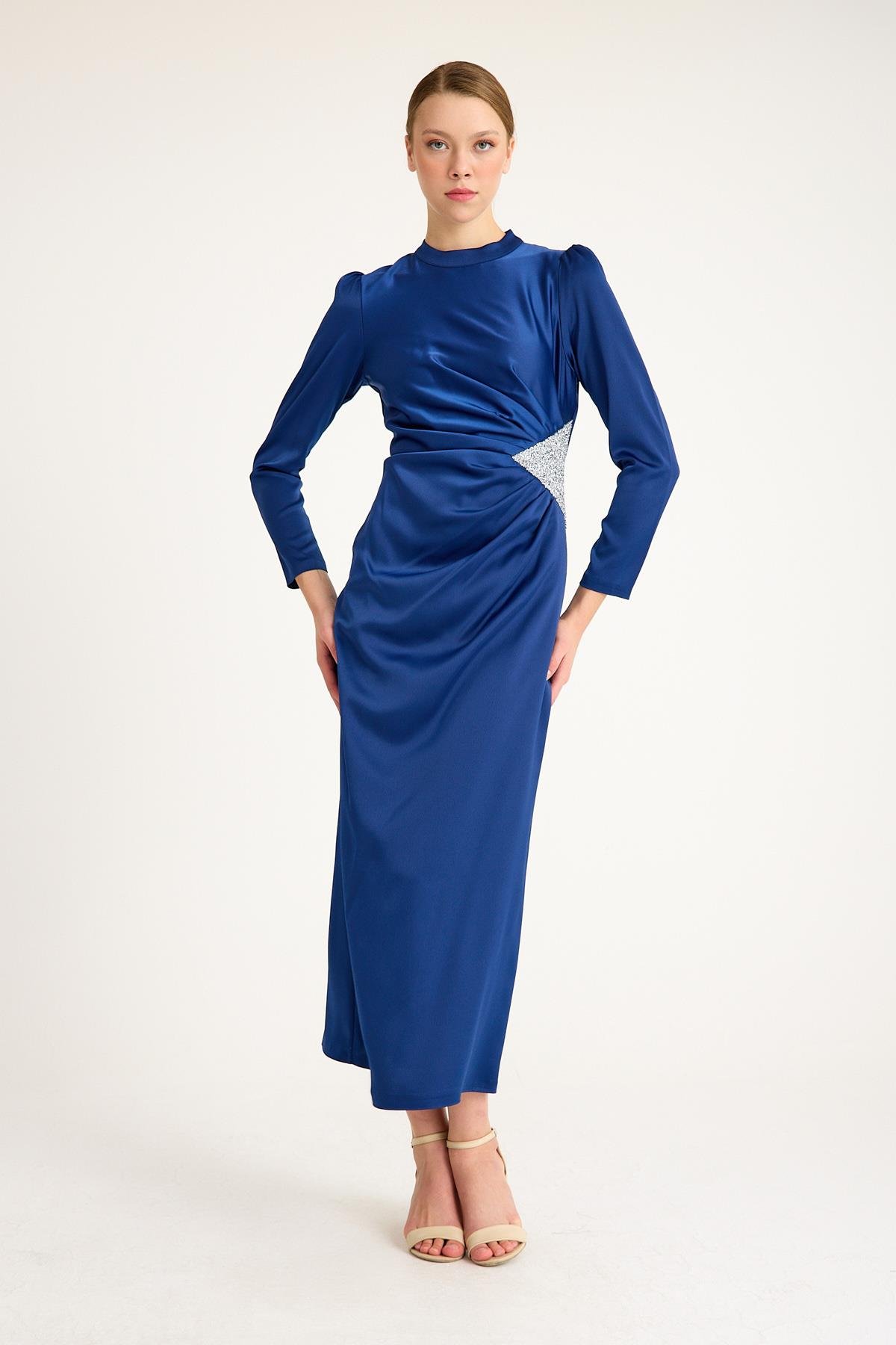 Satin Evening Dress with Waist Stone and Pleat Detail İNDİGO 4898-E