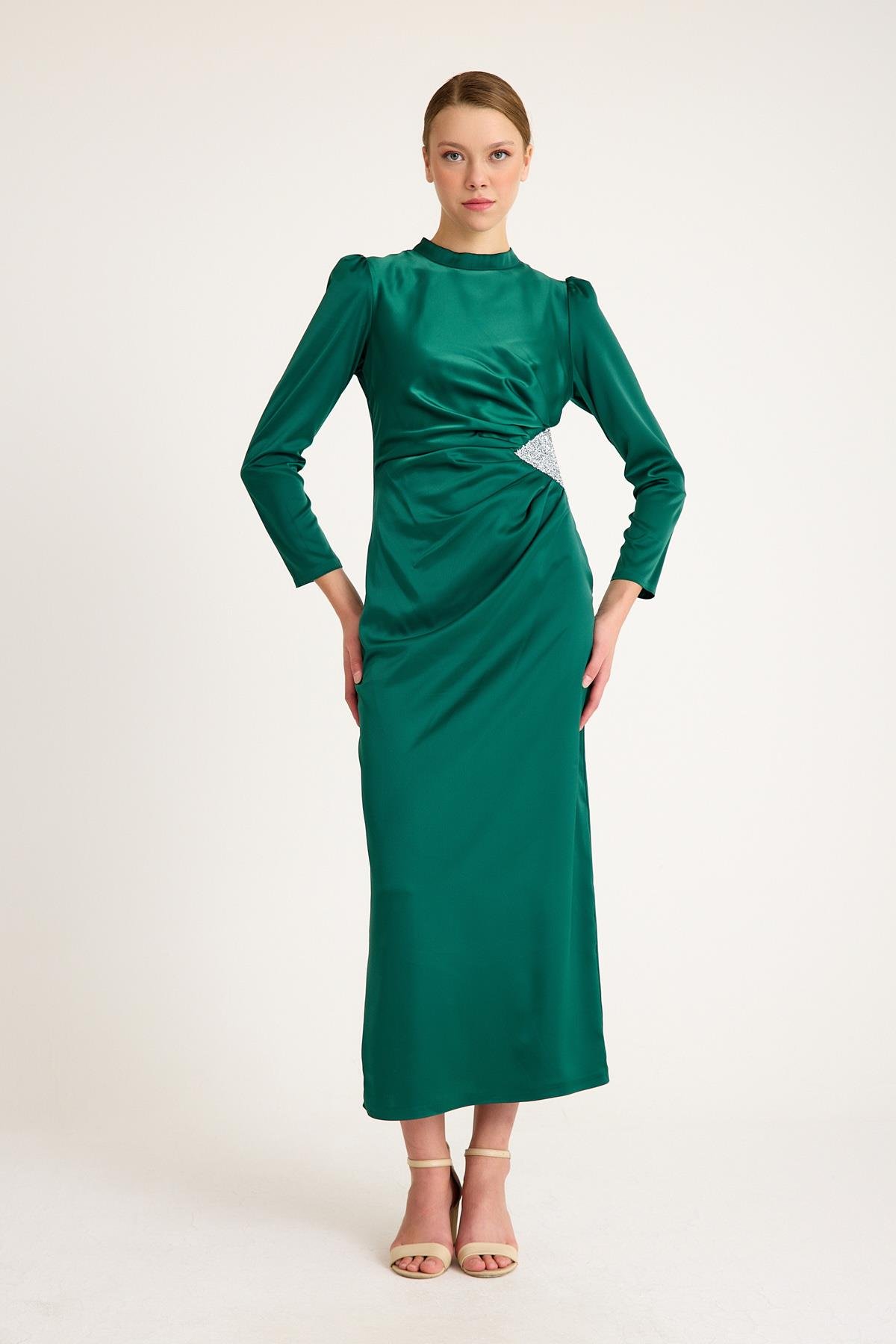 Satin Evening Dress with Waist Stone and Pleat Detail GREEN 4898-E