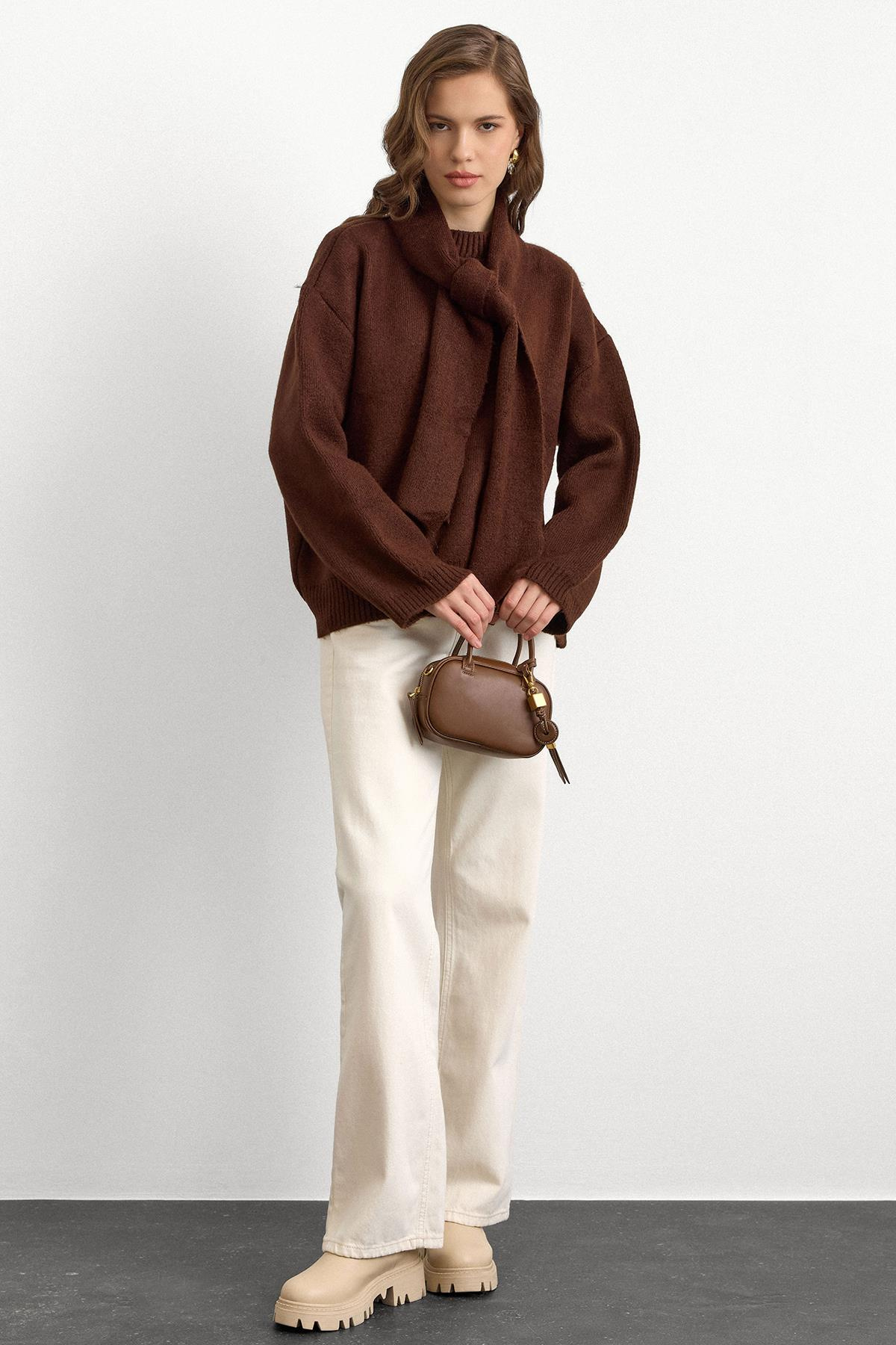 Bisiklet Yaka Atkı Salaş Kalın Kazak KAHVE 8280