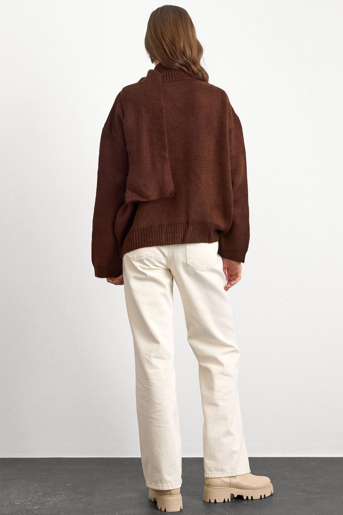 Bisiklet Yaka Atkı Salaş Kalın Kazak KAHVE 8280