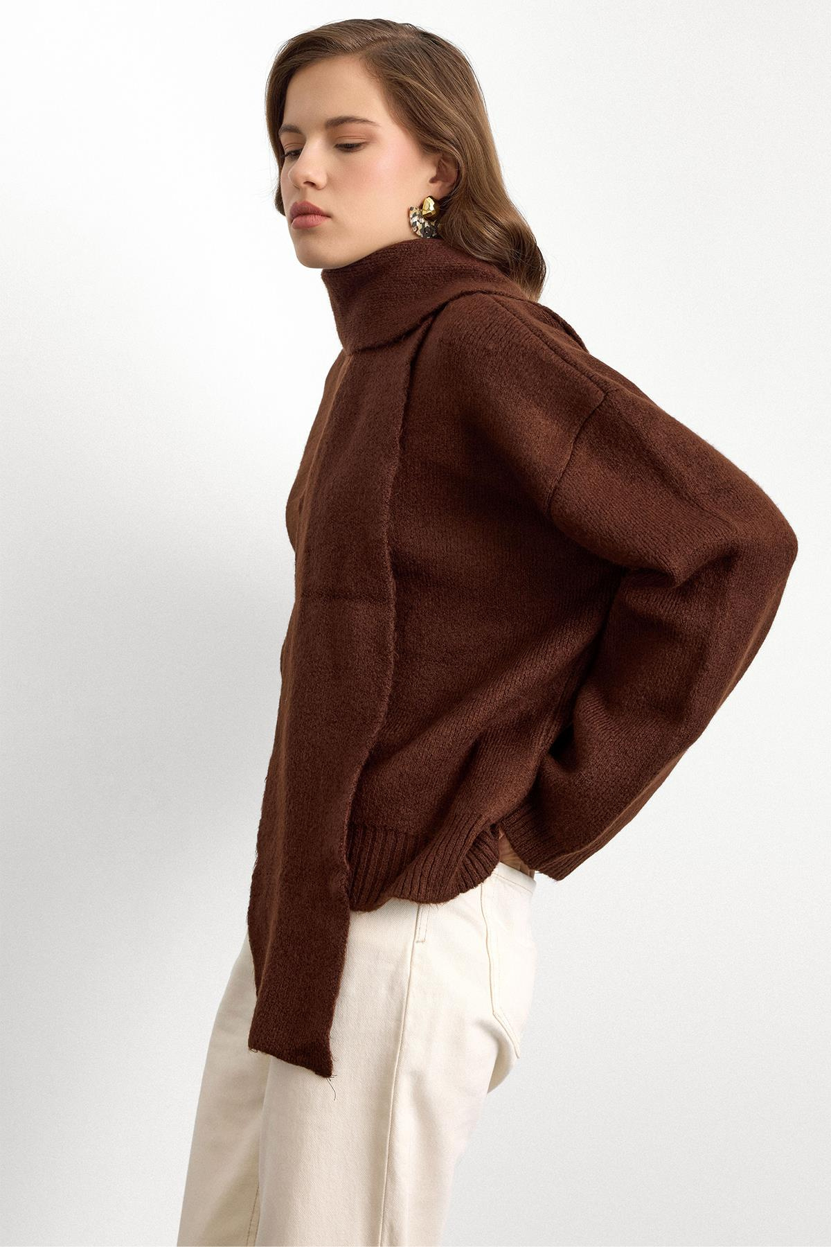 Bisiklet Yaka Atkı Salaş Kalın Kazak KAHVE 8280