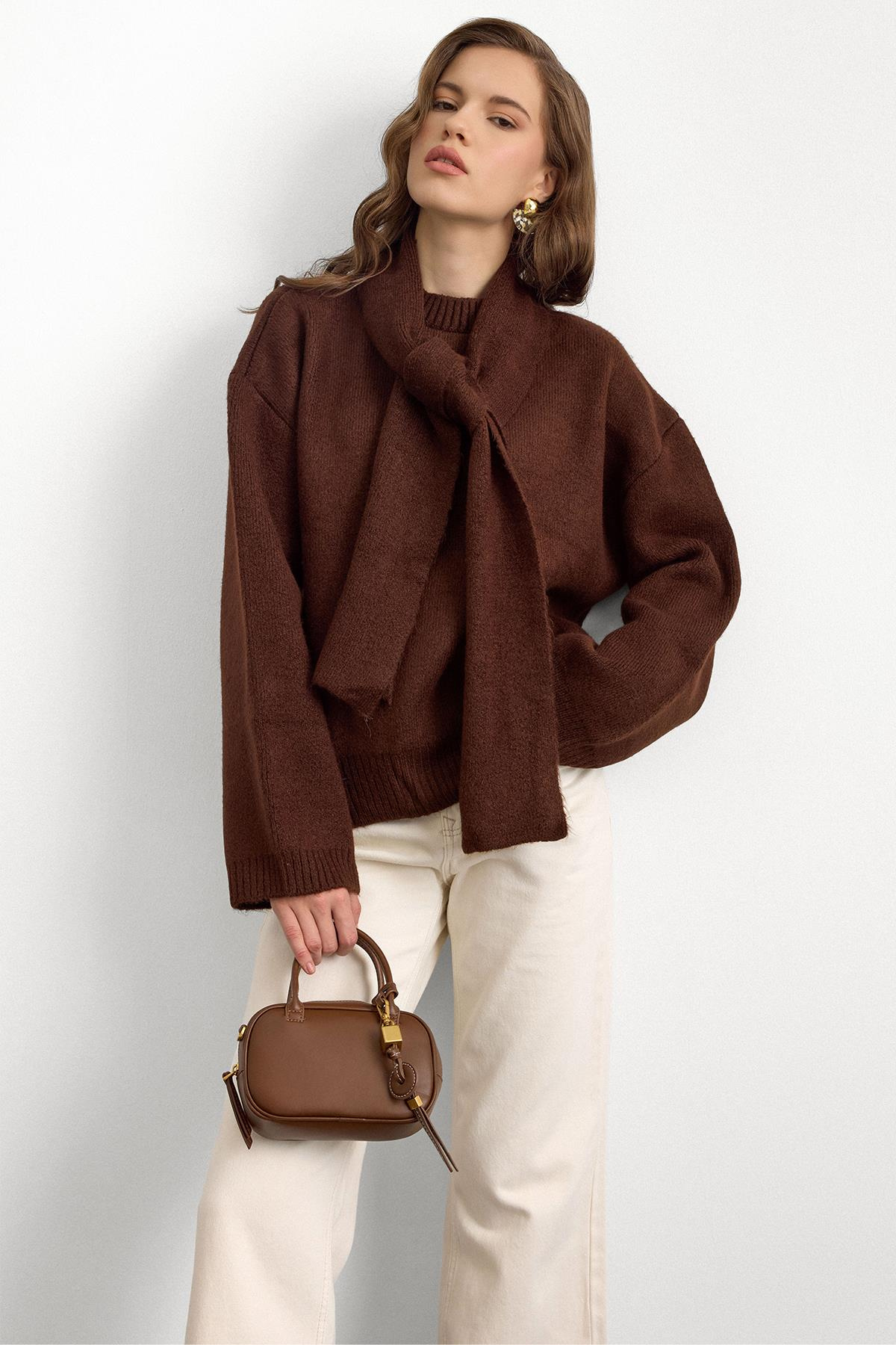 Bisiklet Yaka Atkı Salaş Kalın Kazak KAHVE 8280