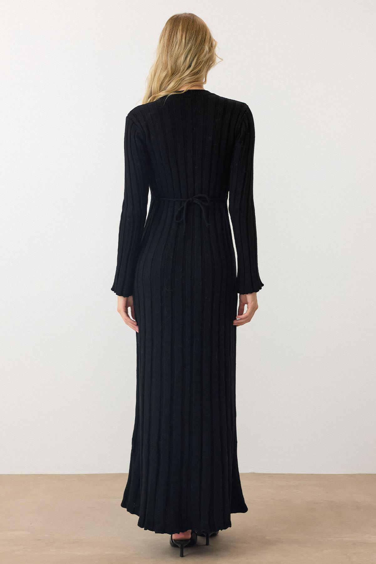 Bisiklet Yaka Kalın Fitilli Uzun Triko Elbise SİYAH 9363-E