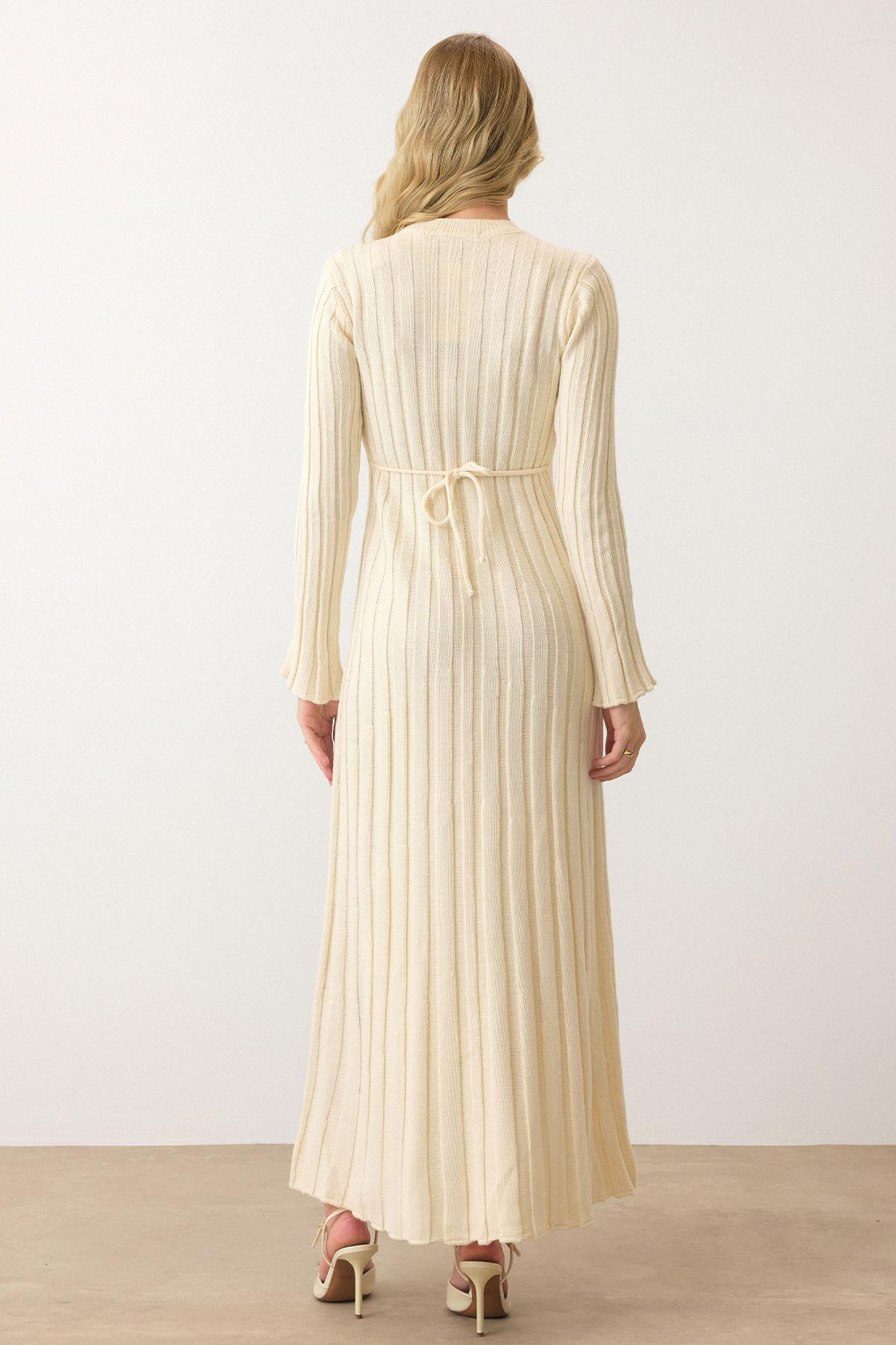 Bisiklet Yaka Kalın Fitilli Uzun Triko Elbise KREM 9363-E