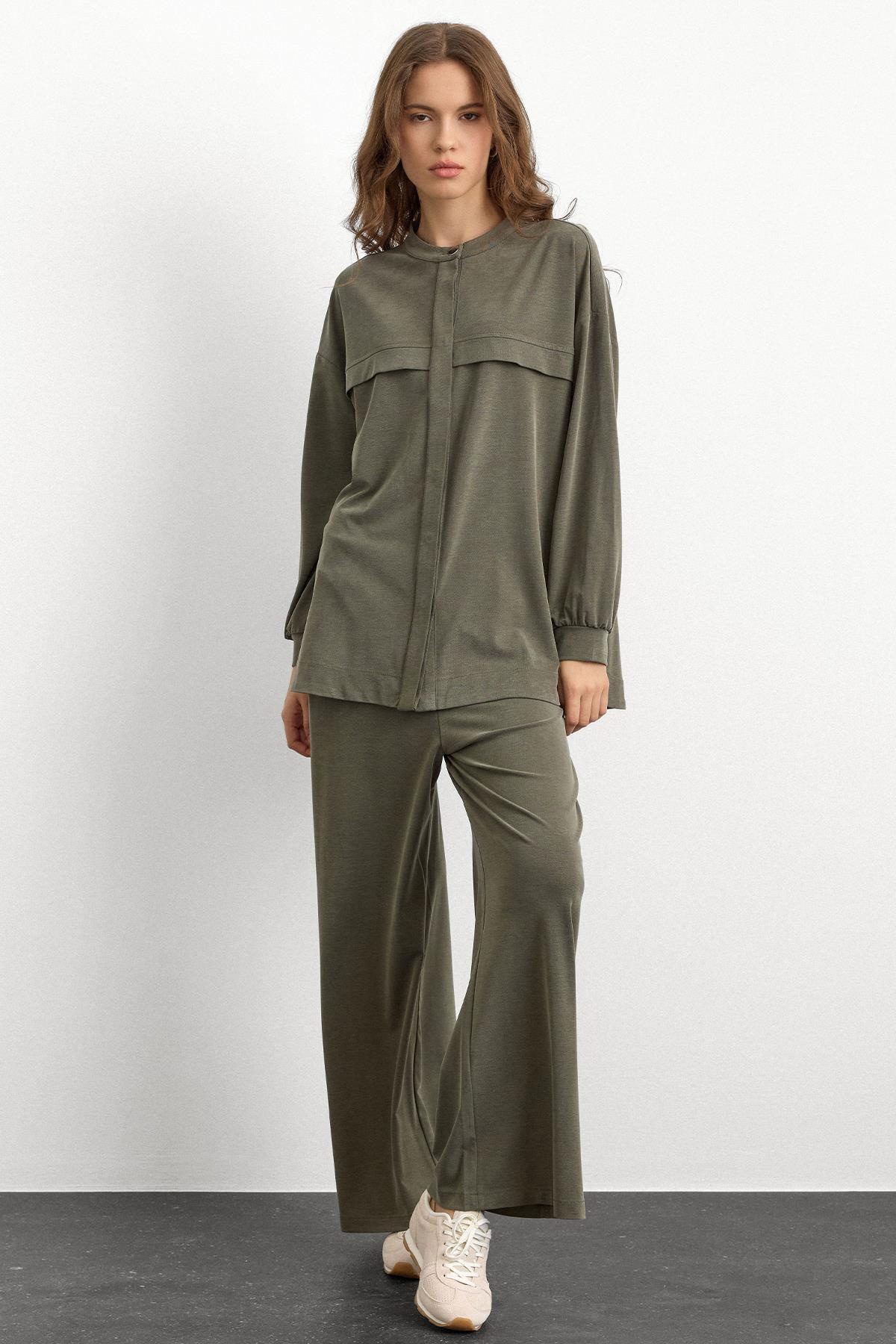 Bisiklet Yaka Önü Patlı Premium Sweat İkili Takım HAKİ 9384-TK