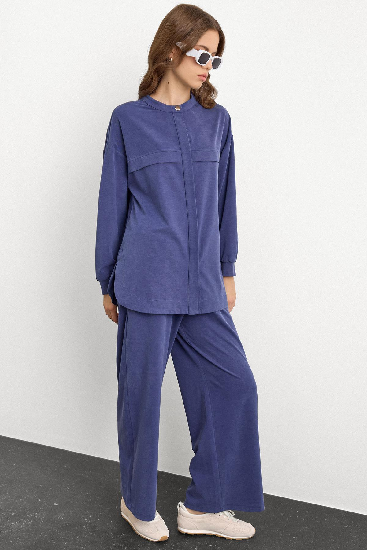 Bisiklet Yaka Önü Patlı Premium Sweat İkili Takım İNDİGO 9384-TK