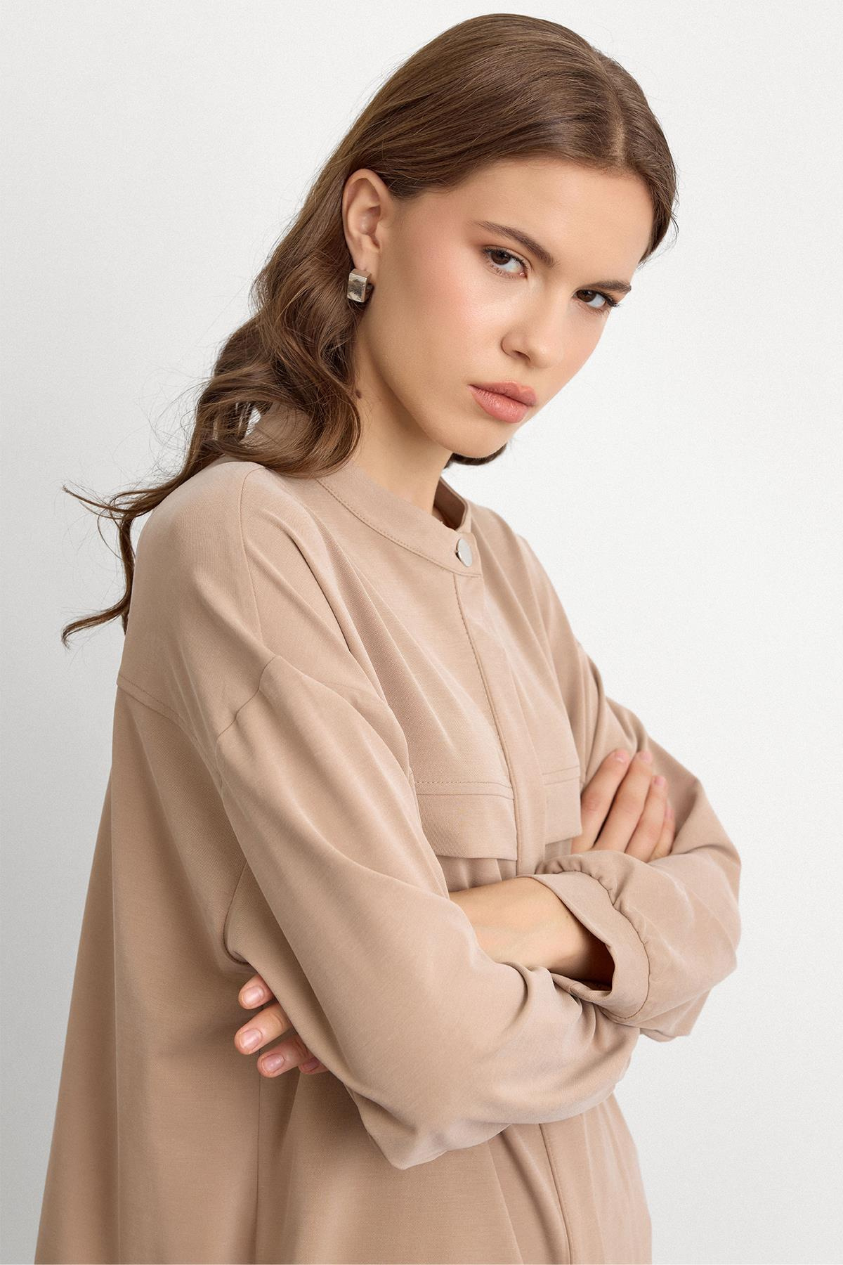 Bisiklet Yaka Önü Patlı Premium Sweat İkili Takım BEJ 9384-TK