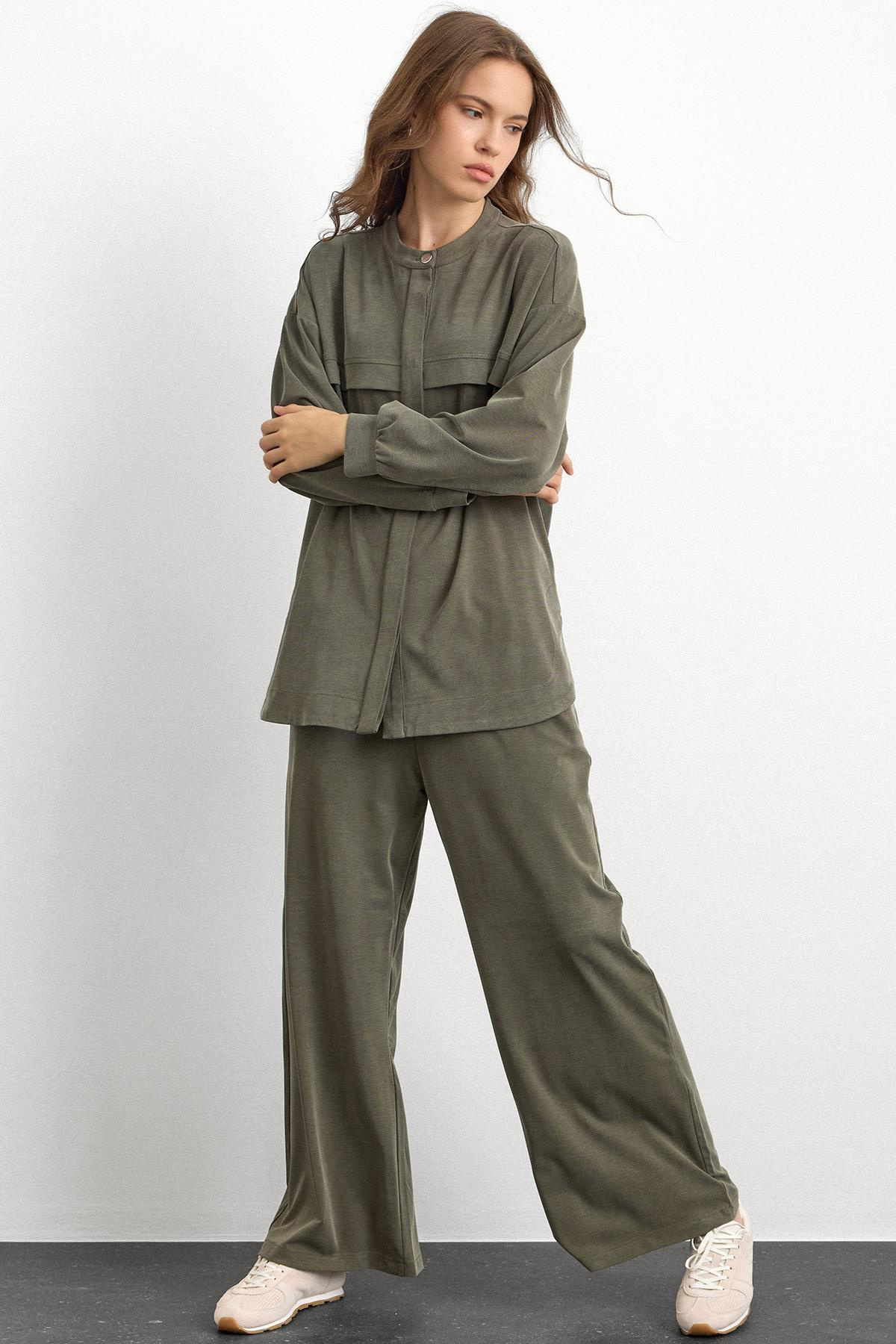 Bisiklet Yaka Önü Patlı Premium Sweat İkili Takım HAKİ 9384-TK