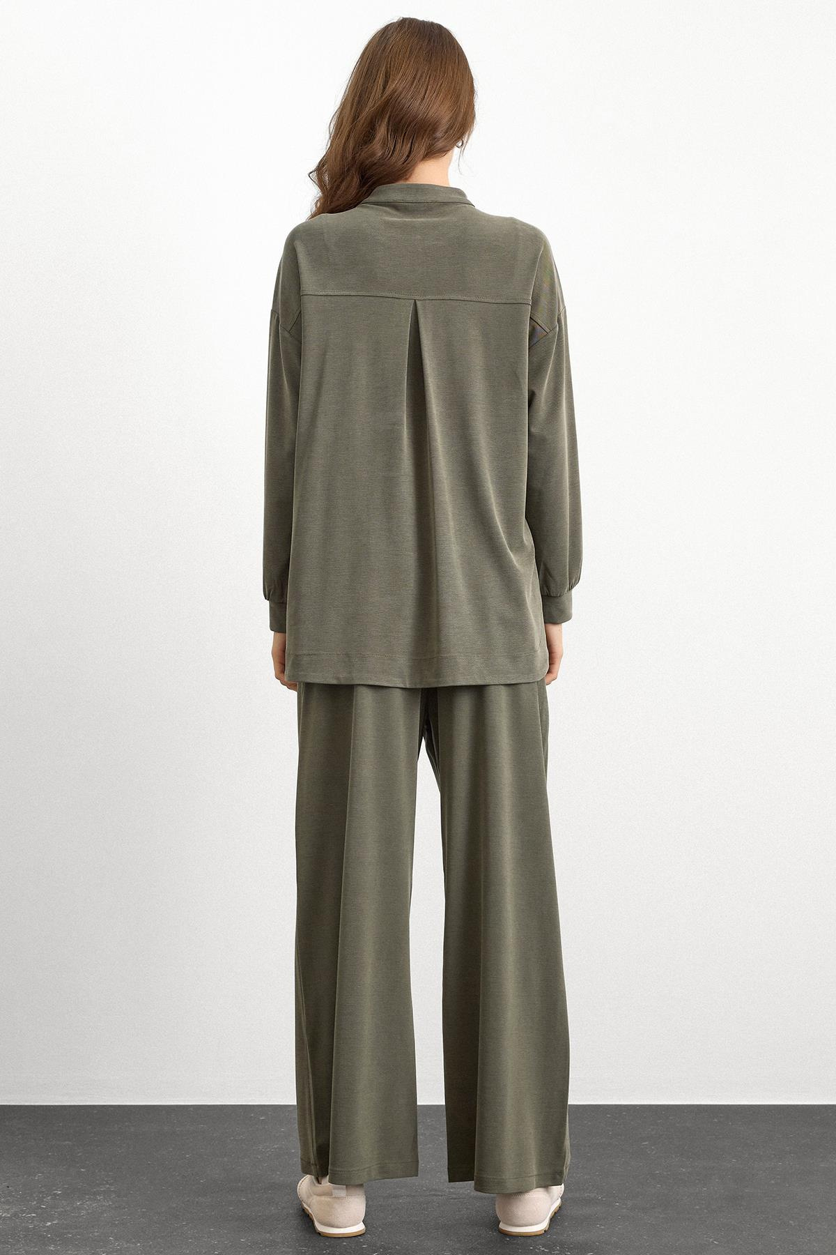 Bisiklet Yaka Önü Patlı Premium Sweat İkili Takım HAKİ 9384-TK