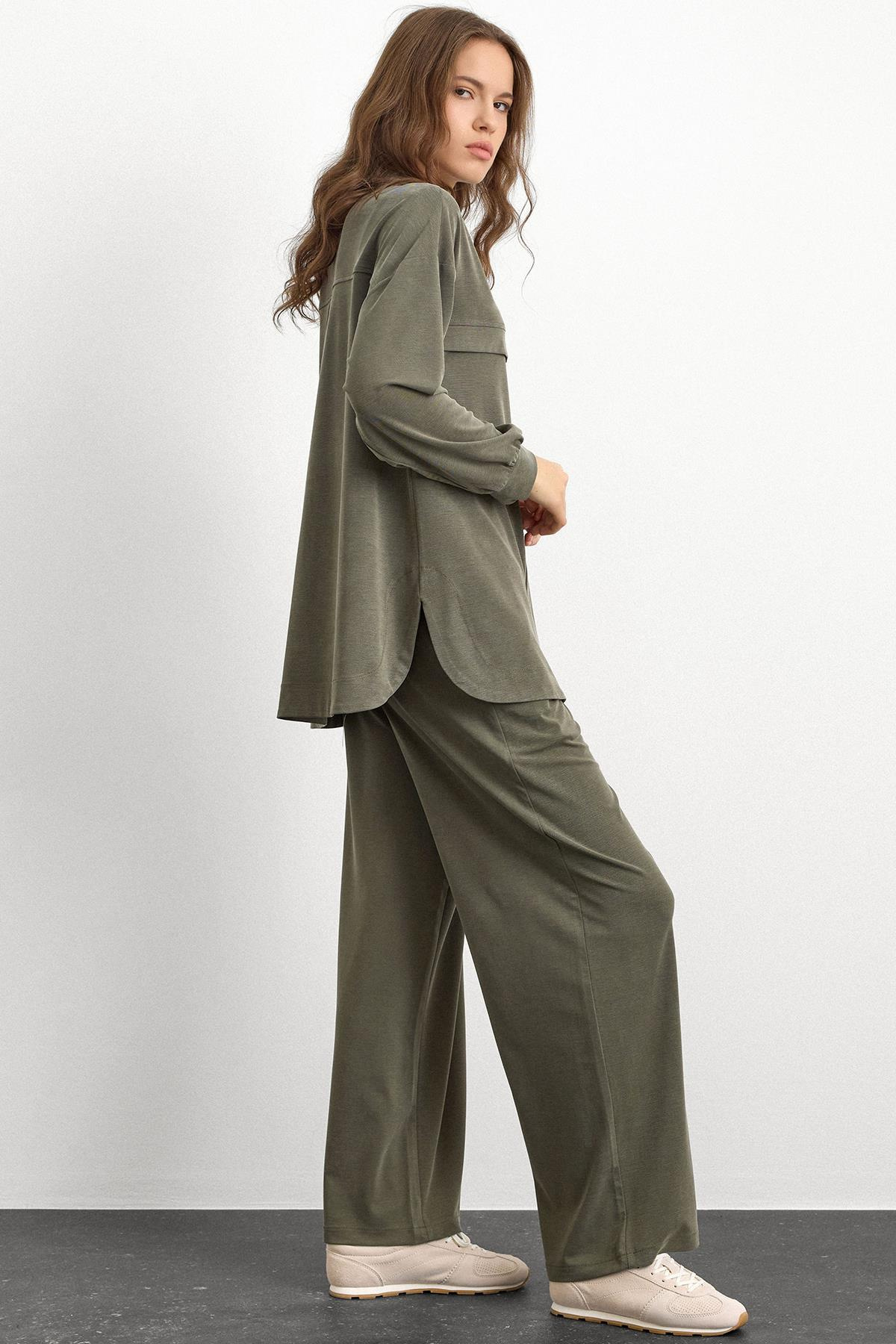 Bisiklet Yaka Önü Patlı Premium Sweat İkili Takım HAKİ 9384-TK