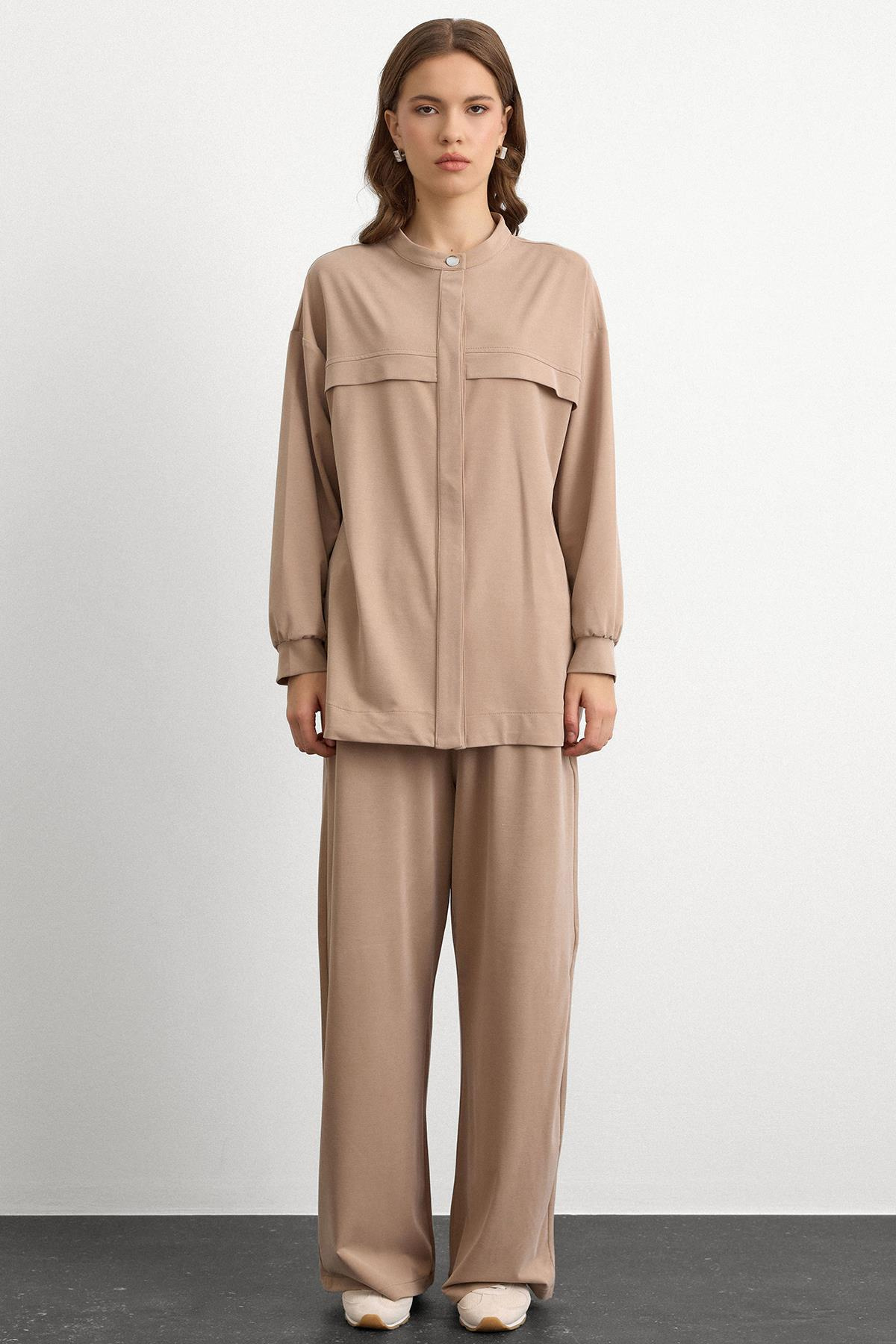 Bisiklet Yaka Önü Patlı Premium Sweat İkili Takım BEJ 9384-TK