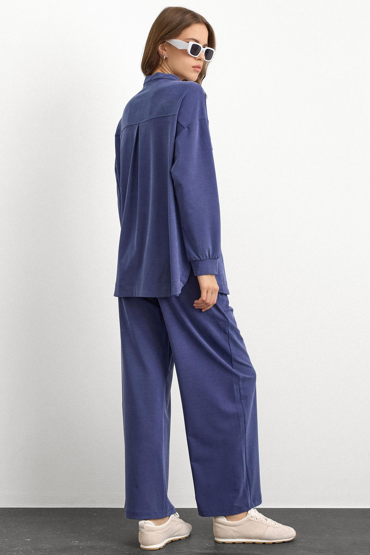 Bisiklet Yaka Önü Patlı Premium Sweat İkili Takım İNDİGO 9384-TK