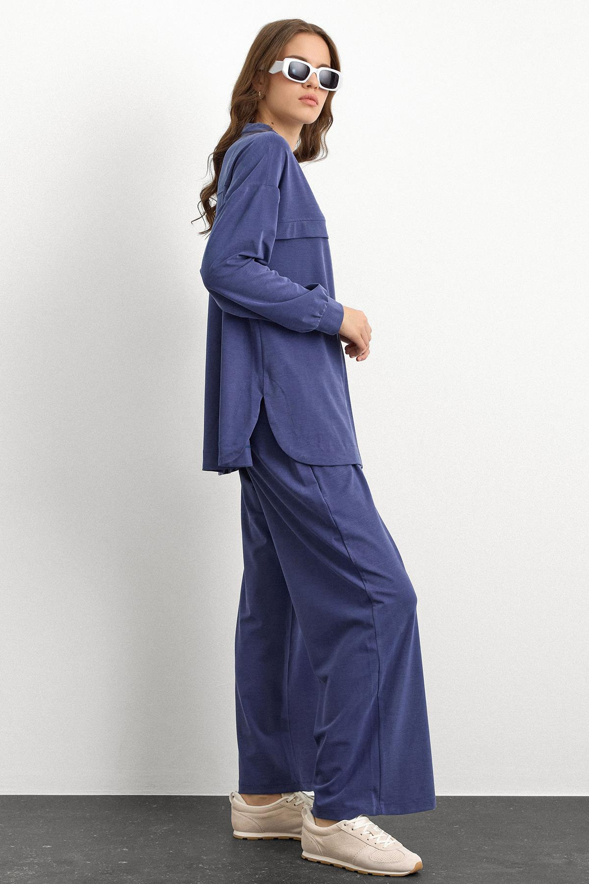 Bisiklet Yaka Önü Patlı Premium Sweat İkili Takım İNDİGO 9384-TK