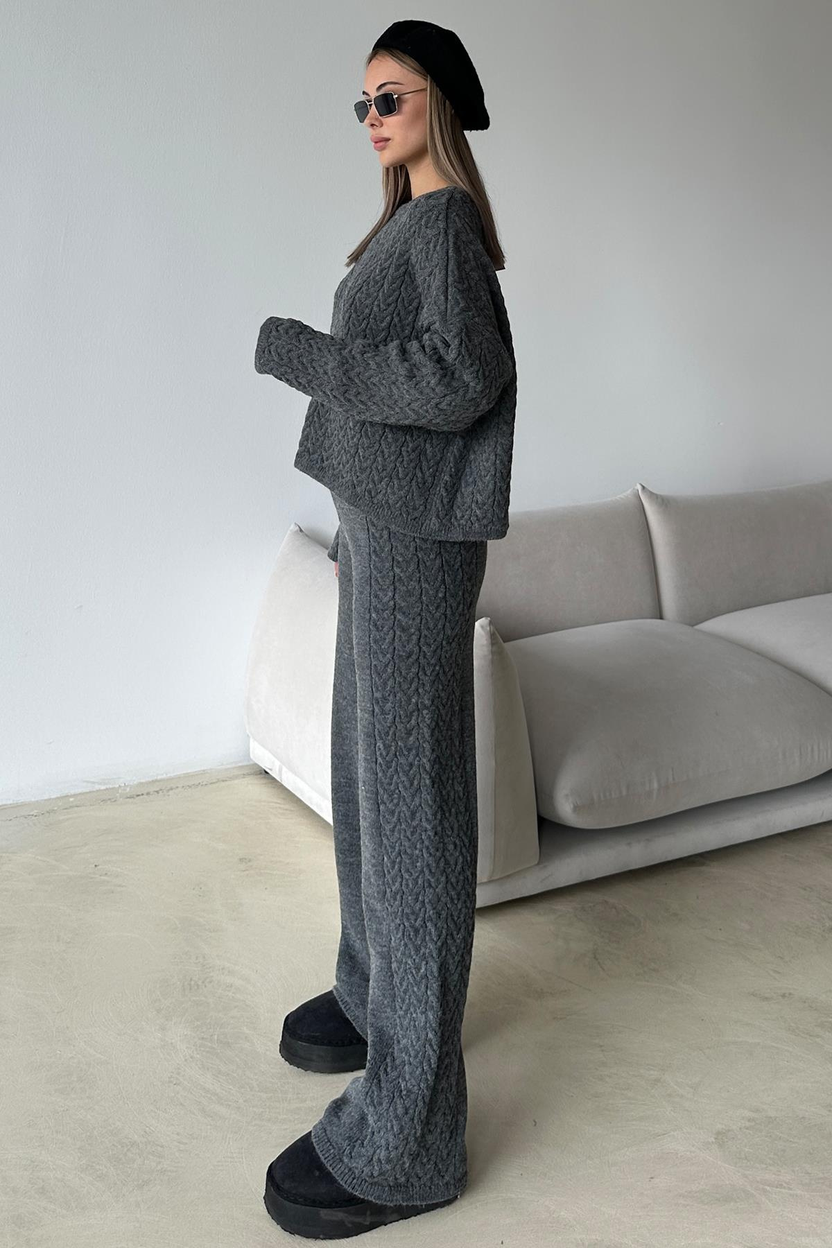 Bisiklet Yaka Saç Örgü Triko Takım ANTRASİT 9369-TK