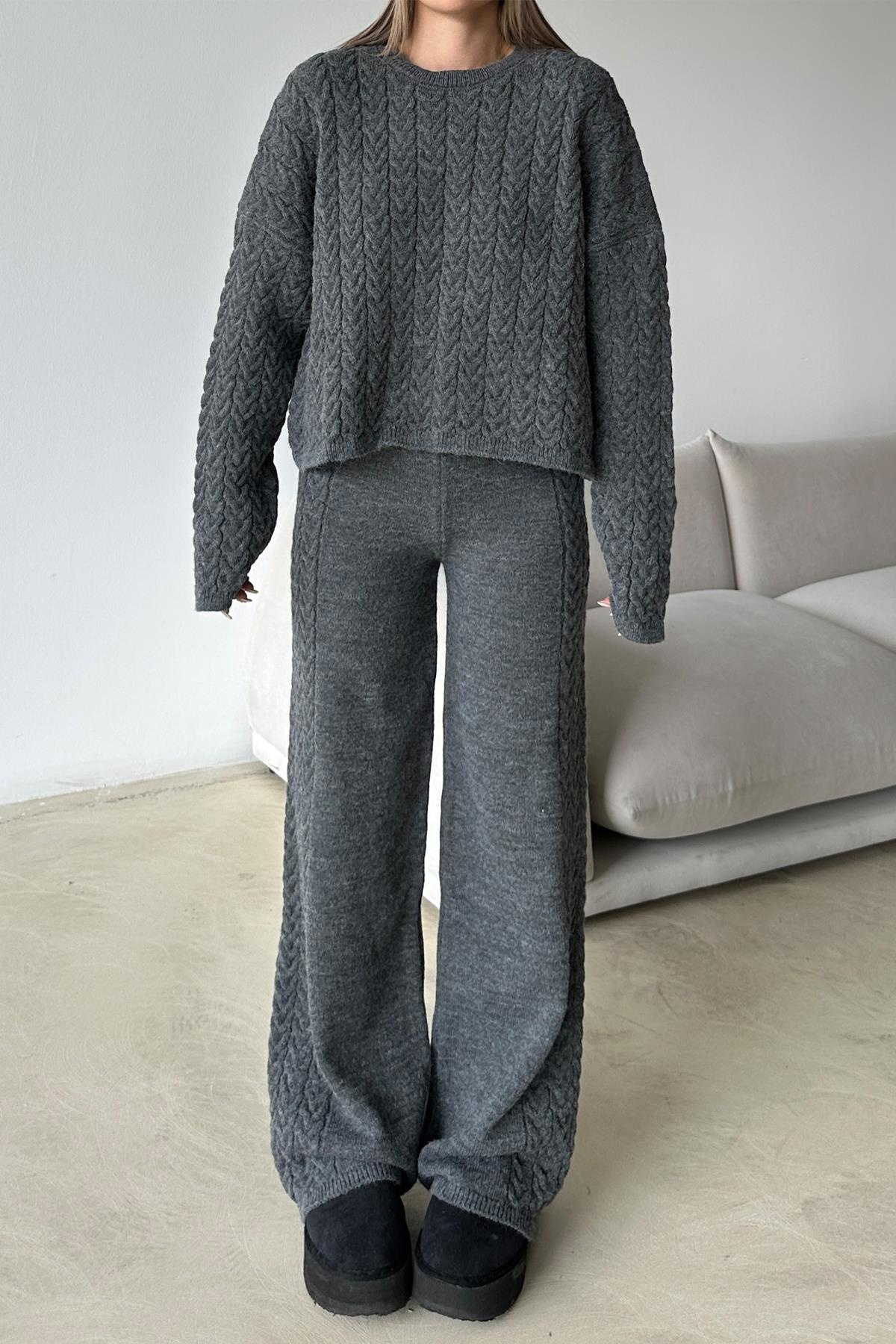 Bisiklet Yaka Saç Örgü Triko Takım ANTRASİT 9369-TK