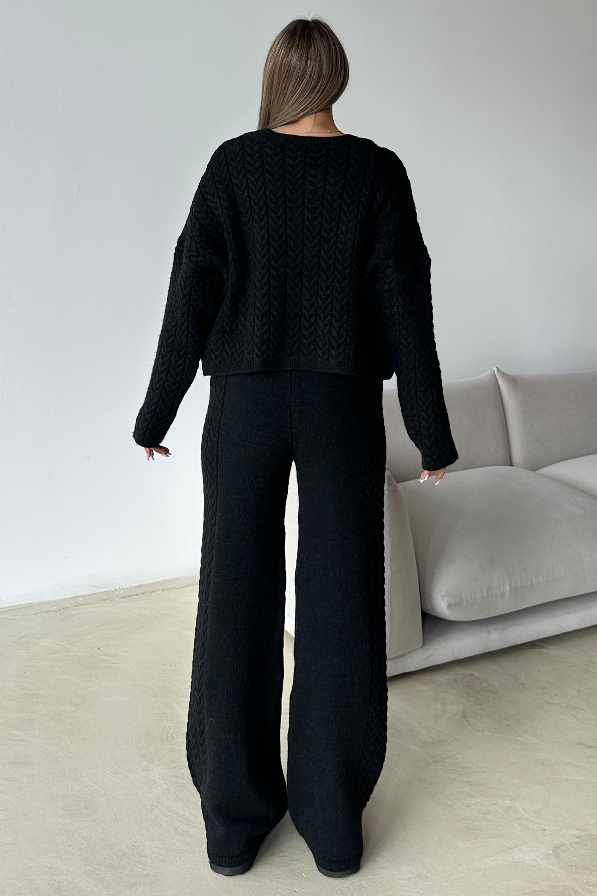 Bisiklet Yaka Saç Örgü Triko Takım SİYAH 9369-TK