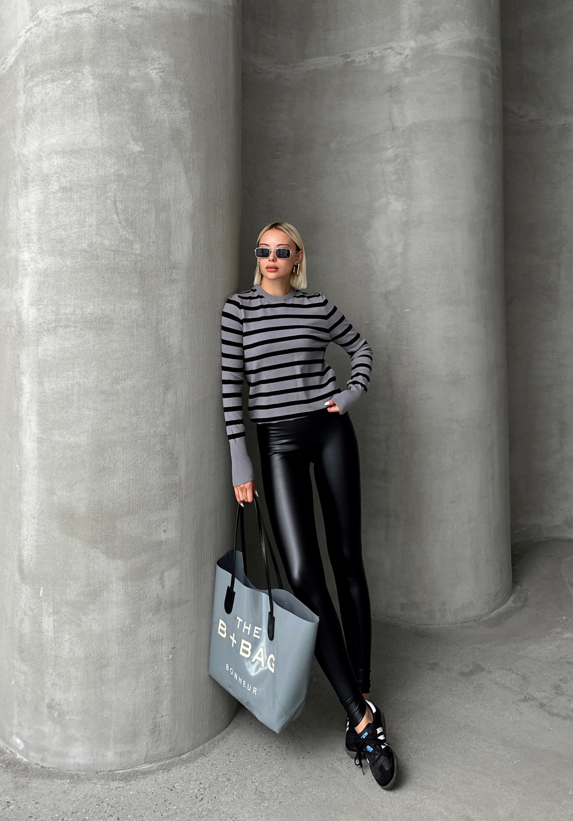 Bisiklet Yaka Siyah Çizgili Triko Kazak GRİ 8236