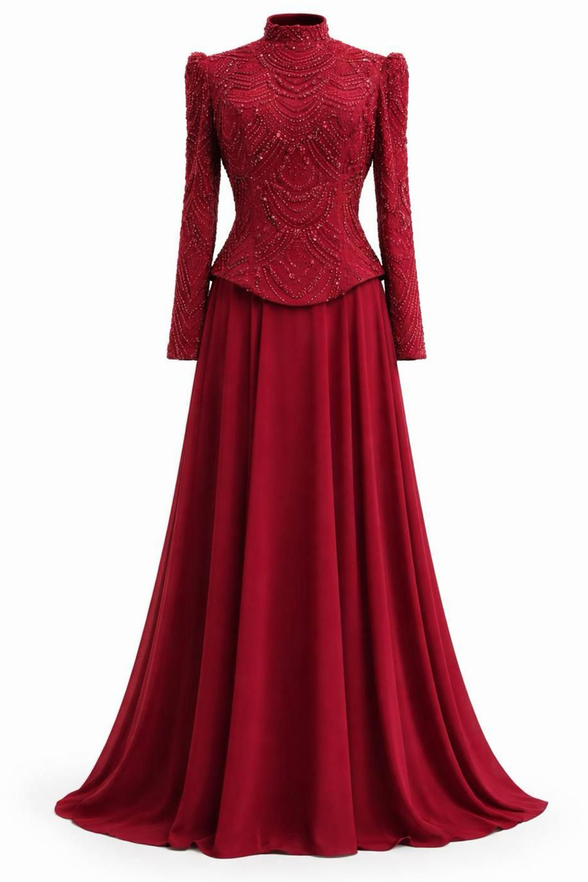 Boncuk ve Pul Bezeli Şifon Kombinli Exclusive Tesettür Abiye Elbise BORDO 1065