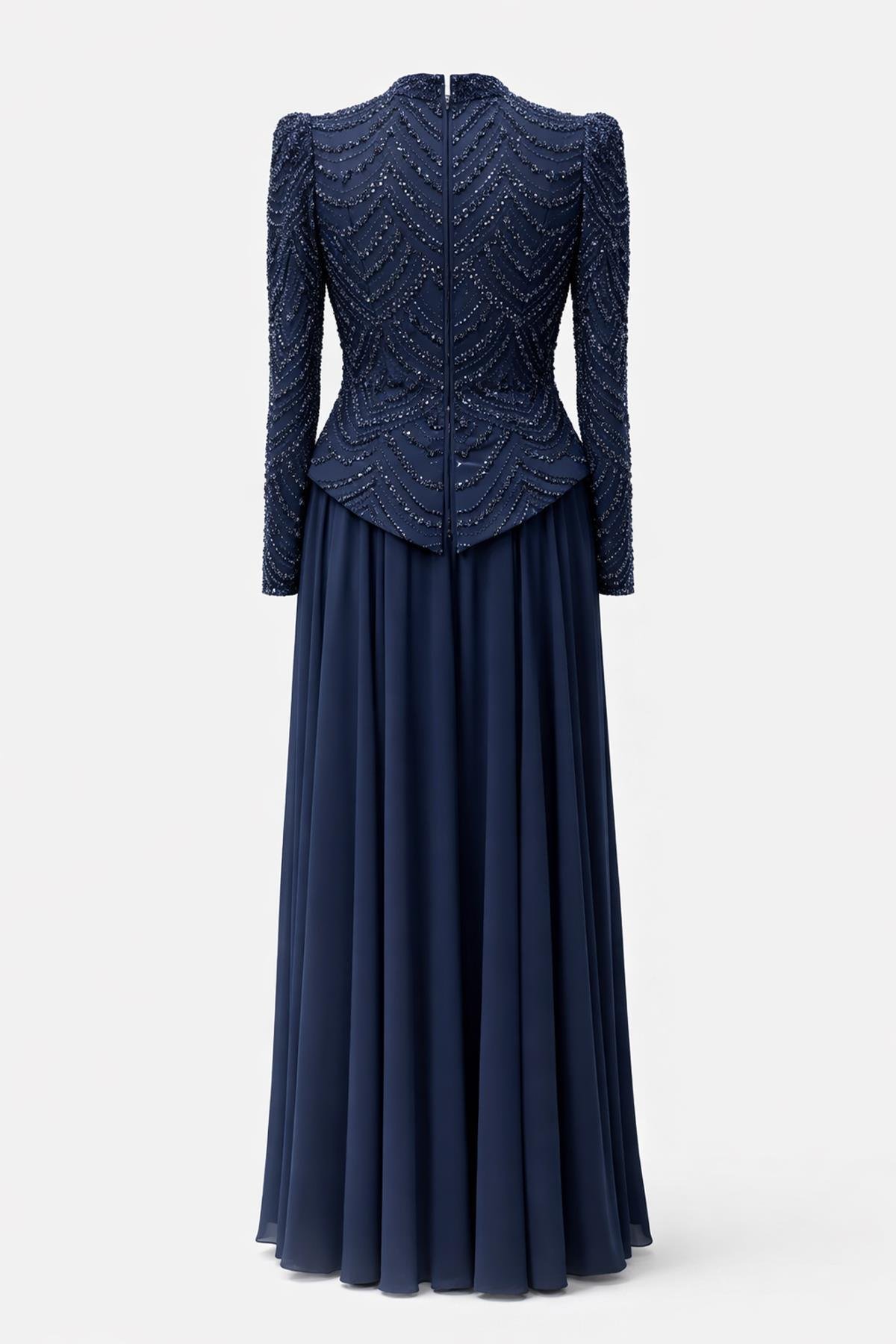 Boncuk ve Pul Bezeli Şifon Kombinli Exclusive Tesettür Abiye Elbise LACİVERT 1065