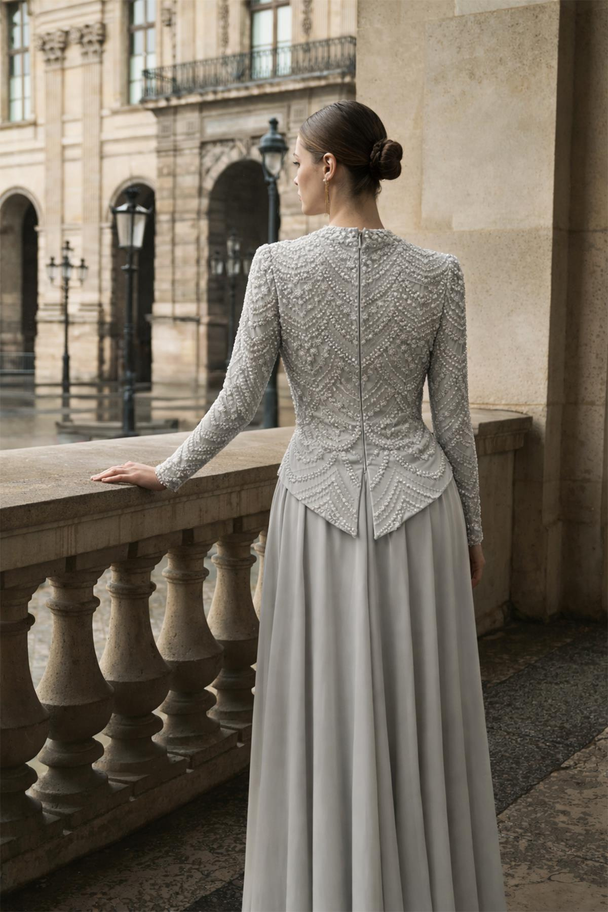 Boncuk ve Pul Bezeli Şifon Kombinli Exclusive Tesettür Abiye Elbise TAŞ 1065