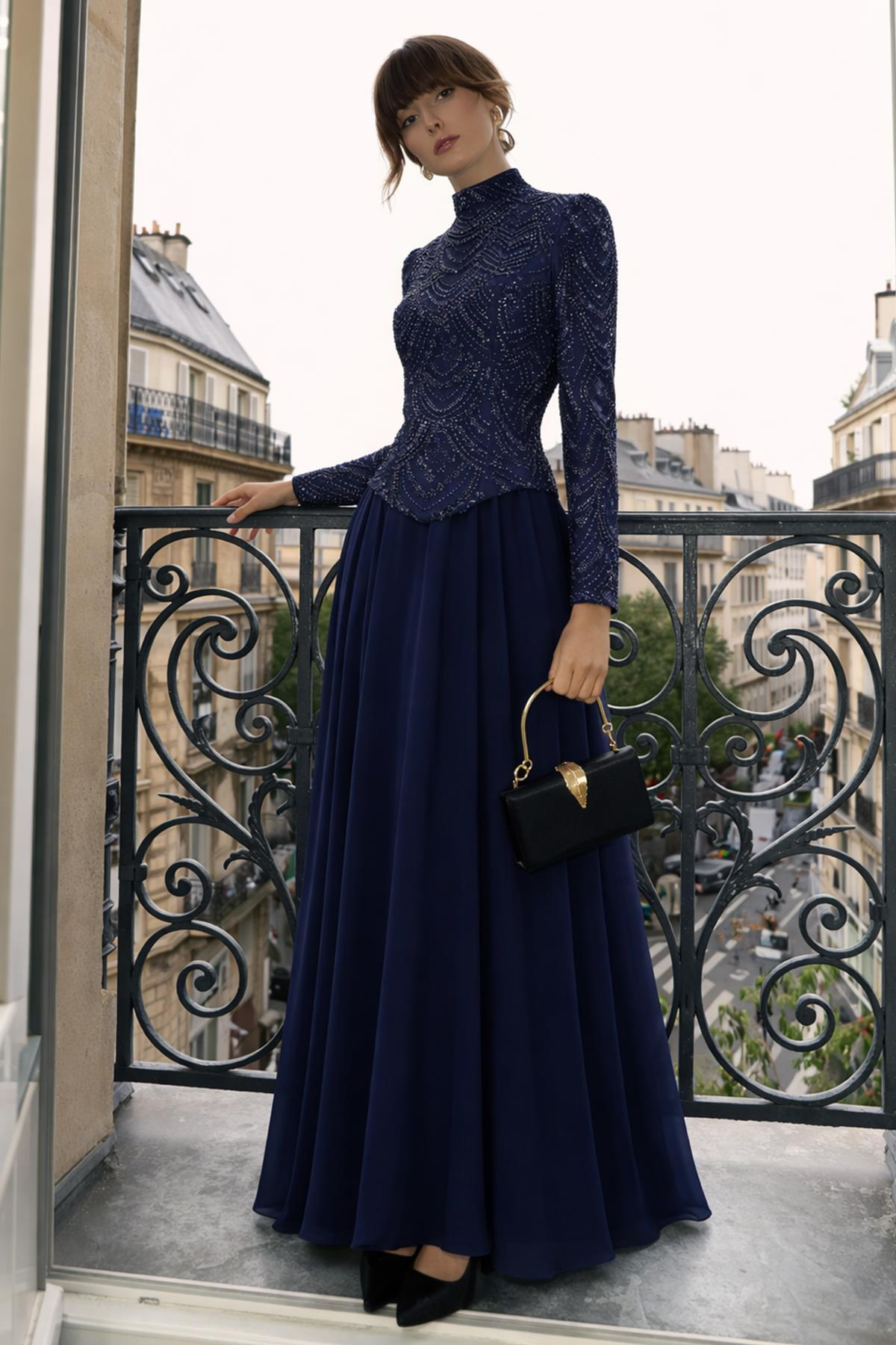 Boncuk ve Pul Bezeli Şifon Kombinli Exclusive Tesettür Abiye Elbise LACİVERT 1065