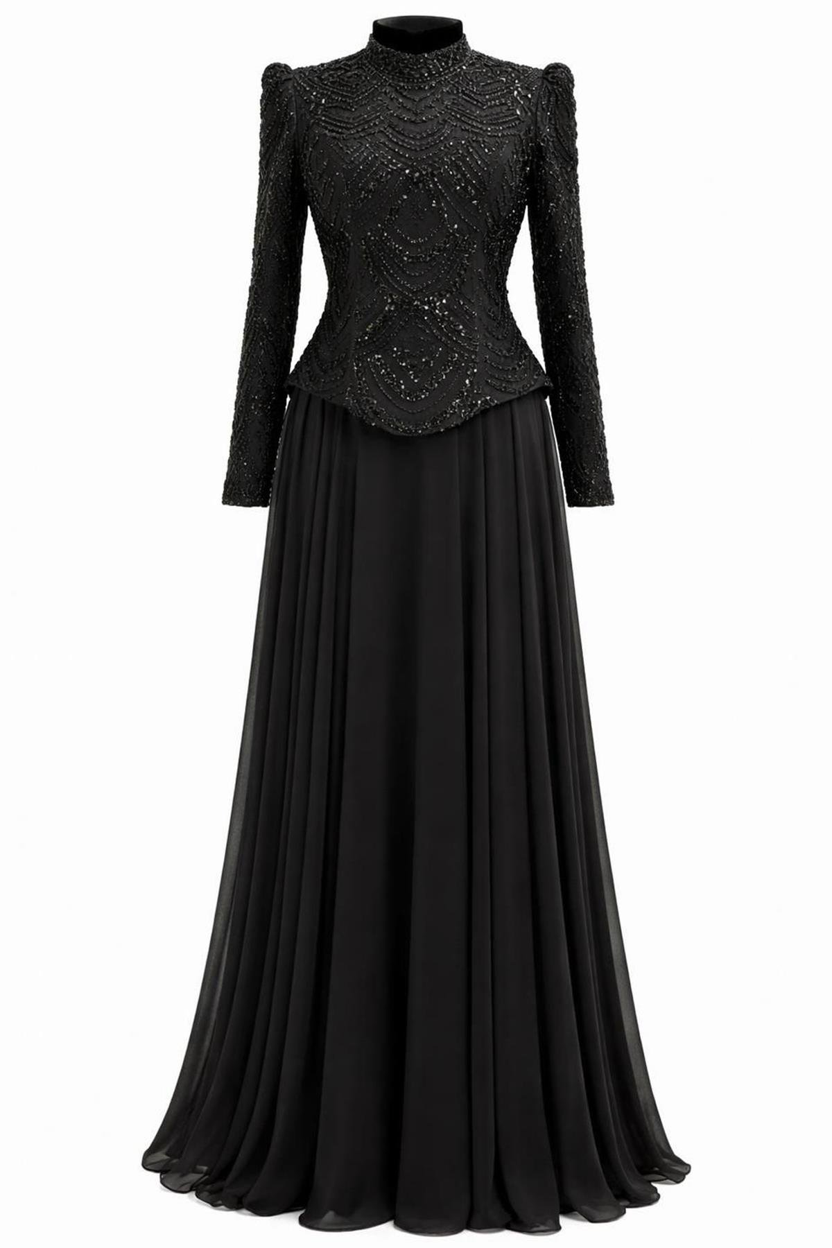 Boncuk ve Pul Bezeli Şifon Kombinli Exclusive Tesettür Abiye Elbise SİYAH 1065