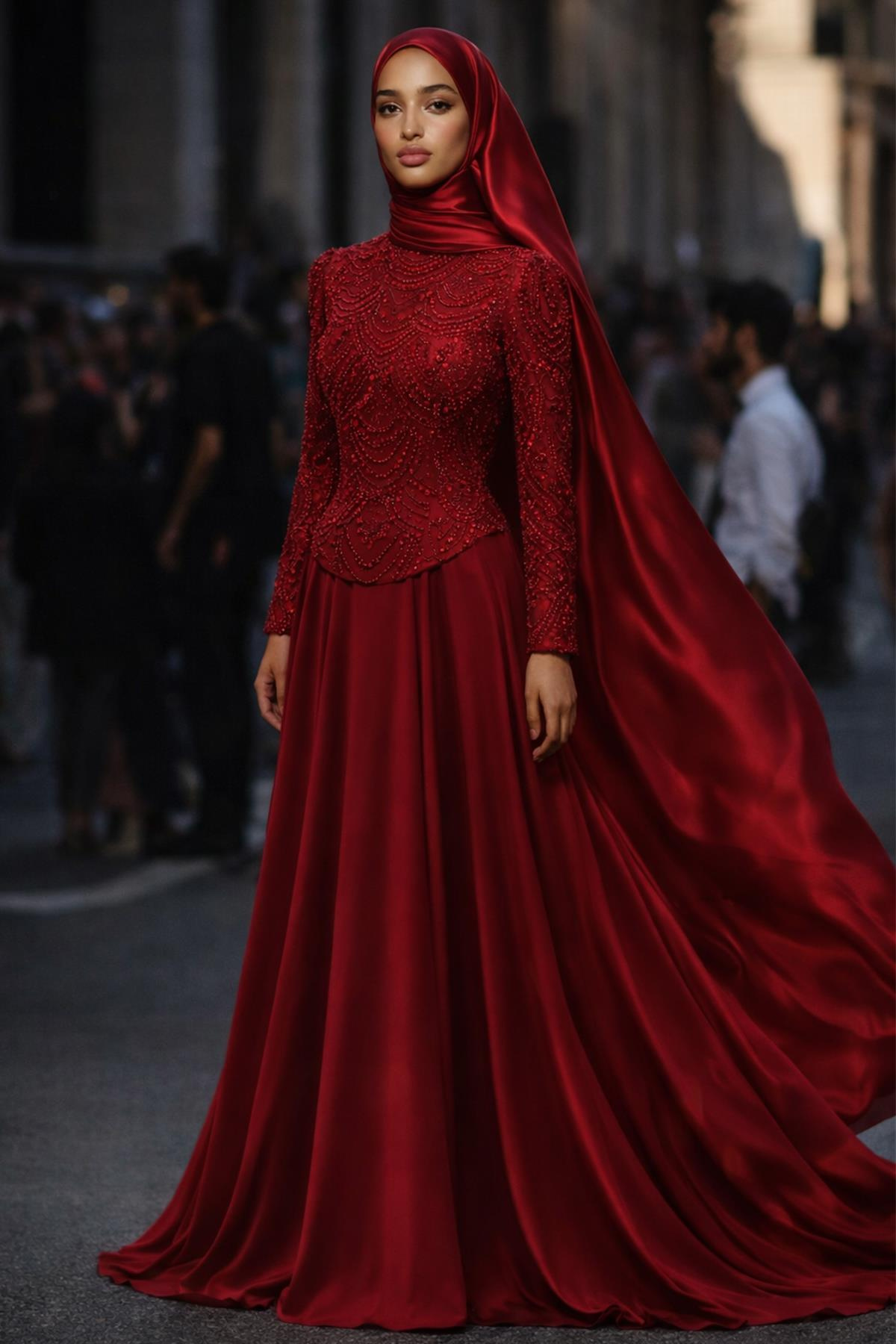 Boncuk ve Pul Bezeli Şifon Kombinli Exclusive Tesettür Abiye Elbise BORDO 1065