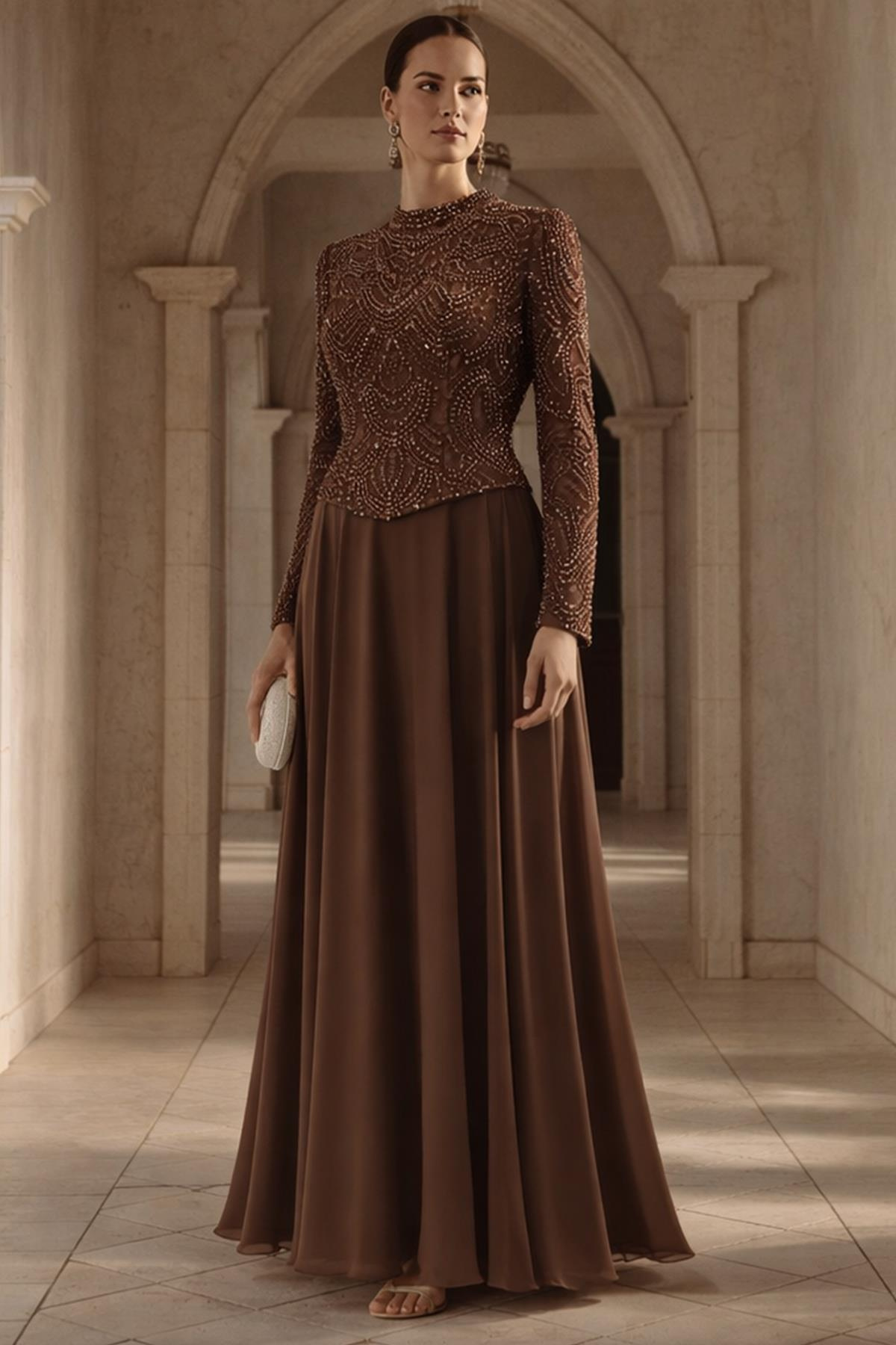 Boncuk ve Pul Bezeli Şifon Kombinli Exclusive Tesettür Abiye Elbise KAHVE 1065