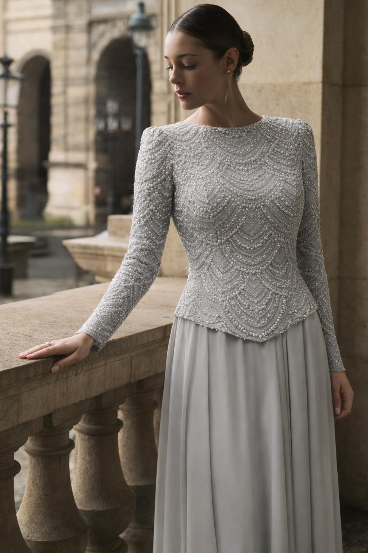 Boncuk ve Pul Bezeli Şifon Kombinli Exclusive Tesettür Abiye Elbise TAŞ 1065