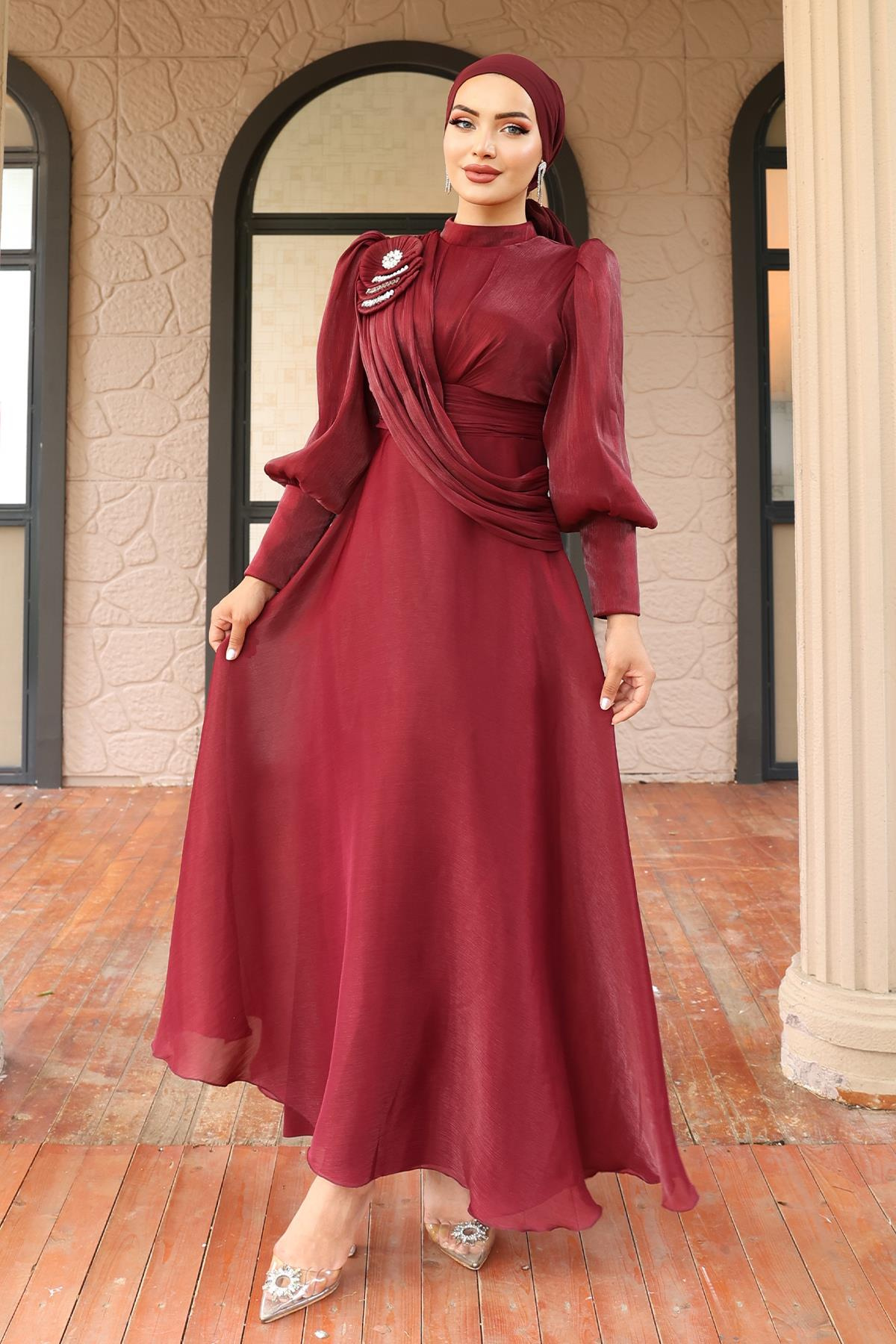 Flared Yorgo Silk Hijab Evening Dress with Brooch Detail CLARET RED 1242