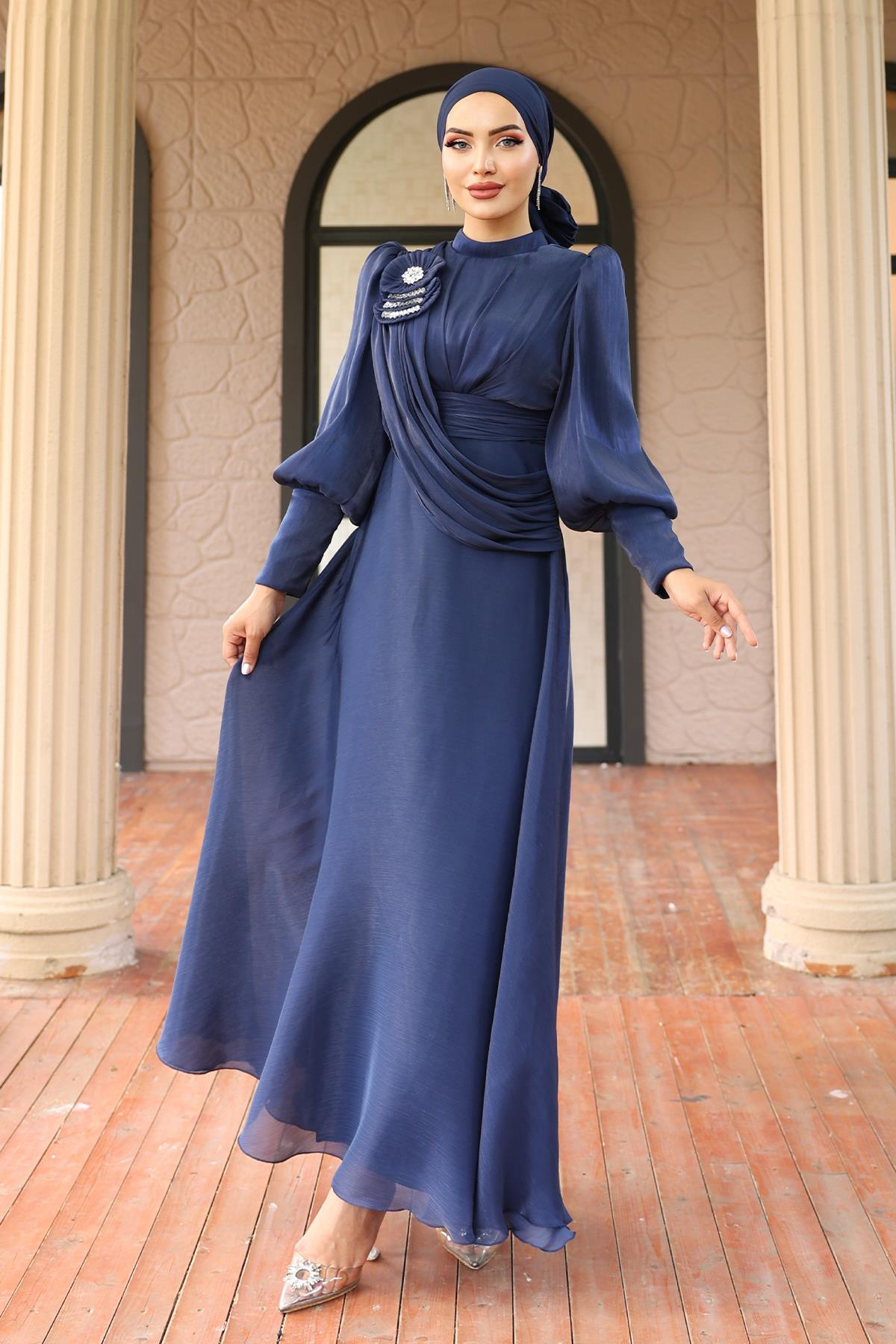 Flared Yorgo Silk Hijab Evening Dress with Brooch Detail K. INDIGO 1242