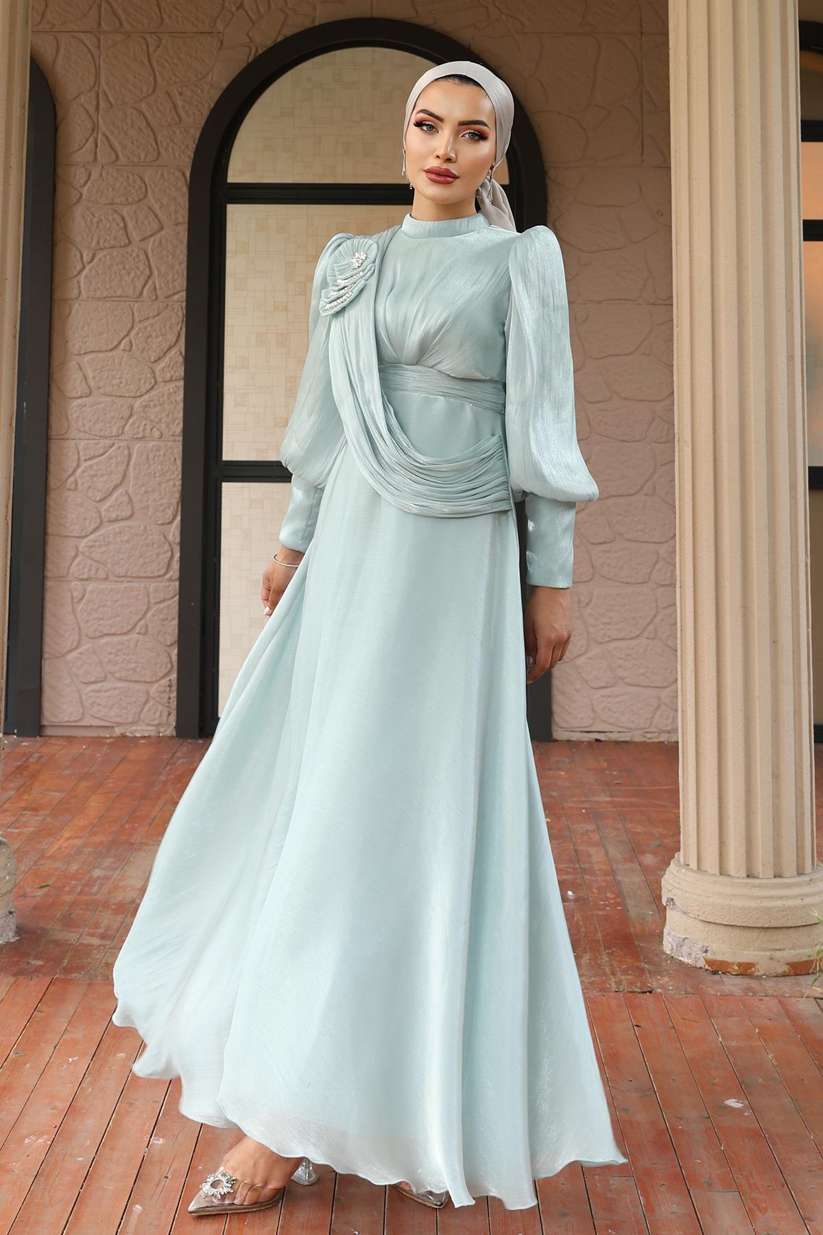 Flared Yorgo Silk Hijab Evening Dress with Brooch Detail AS 1242