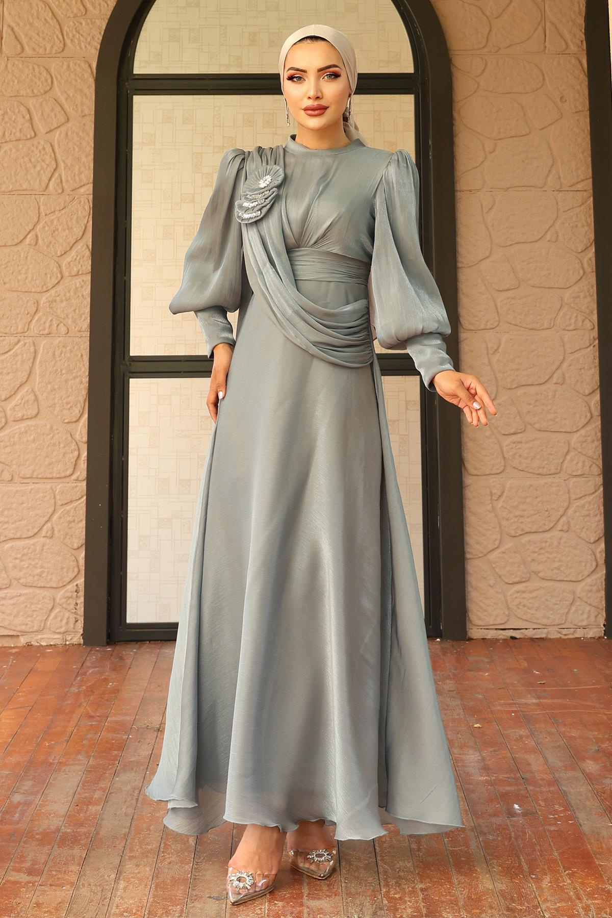 فستان سهرة حرير يورغو واسع مع تفاصيل بروش أخضر مائي 1242